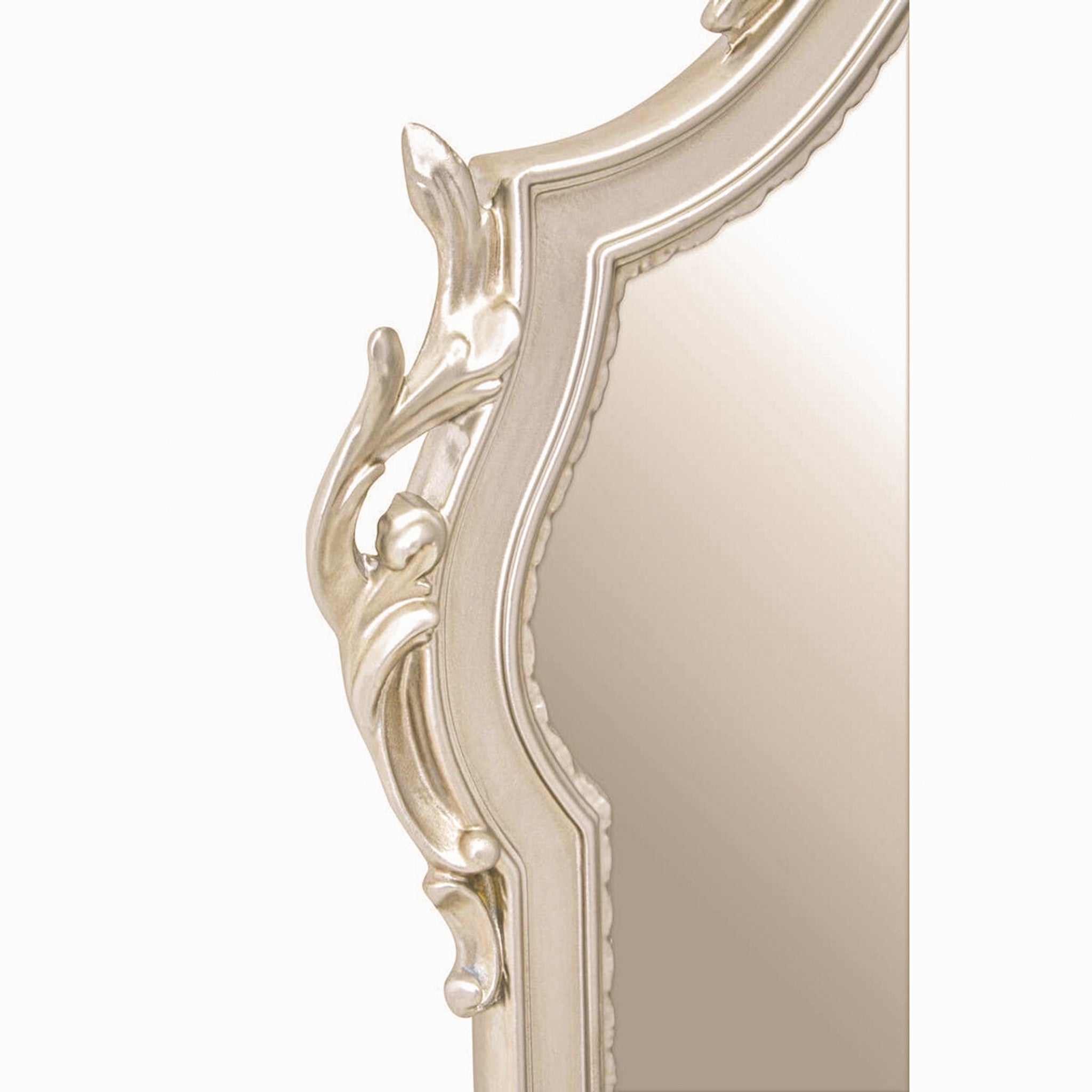 Close-up of the Aurelia wall mirror side frame featuring sculpted silver decorative detailing, elegant carved flourishes and traditional Rococo-inspired craftsmanship.