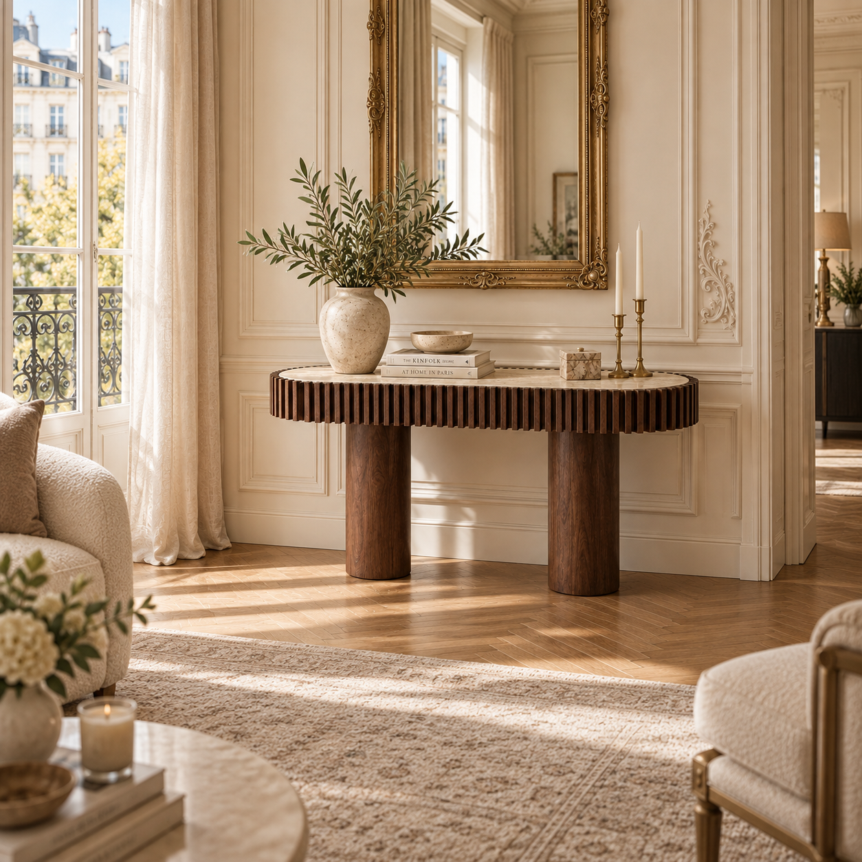 120cm travertine and mango wood console table in a Parisian living room with gold mirror, cream chairs and tall windows.