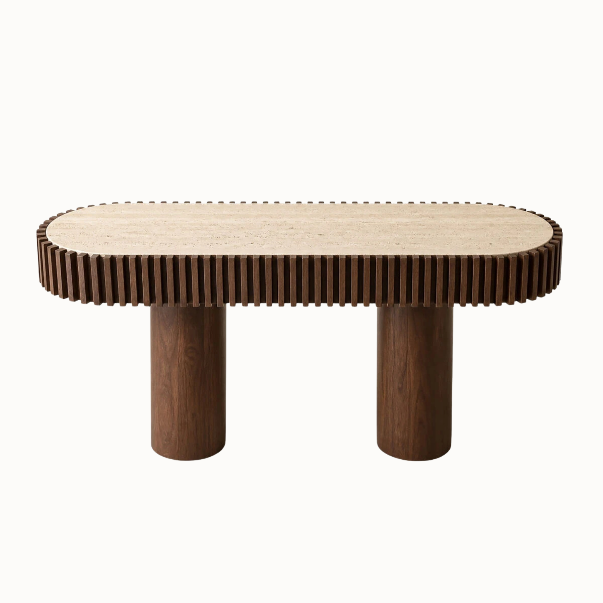 120cm curved console table with travertine top, fluted mango wood edge and cylindrical legs on a plain white background.