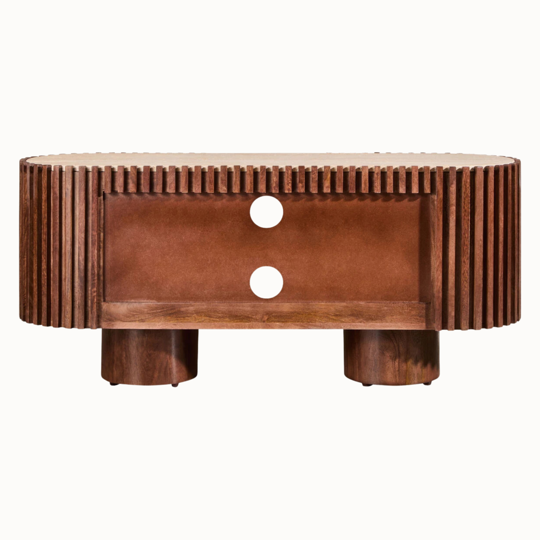 Rear view of 130cm mango wood TV media unit showing fluted sides, pedestal legs and cable holes on a white background.