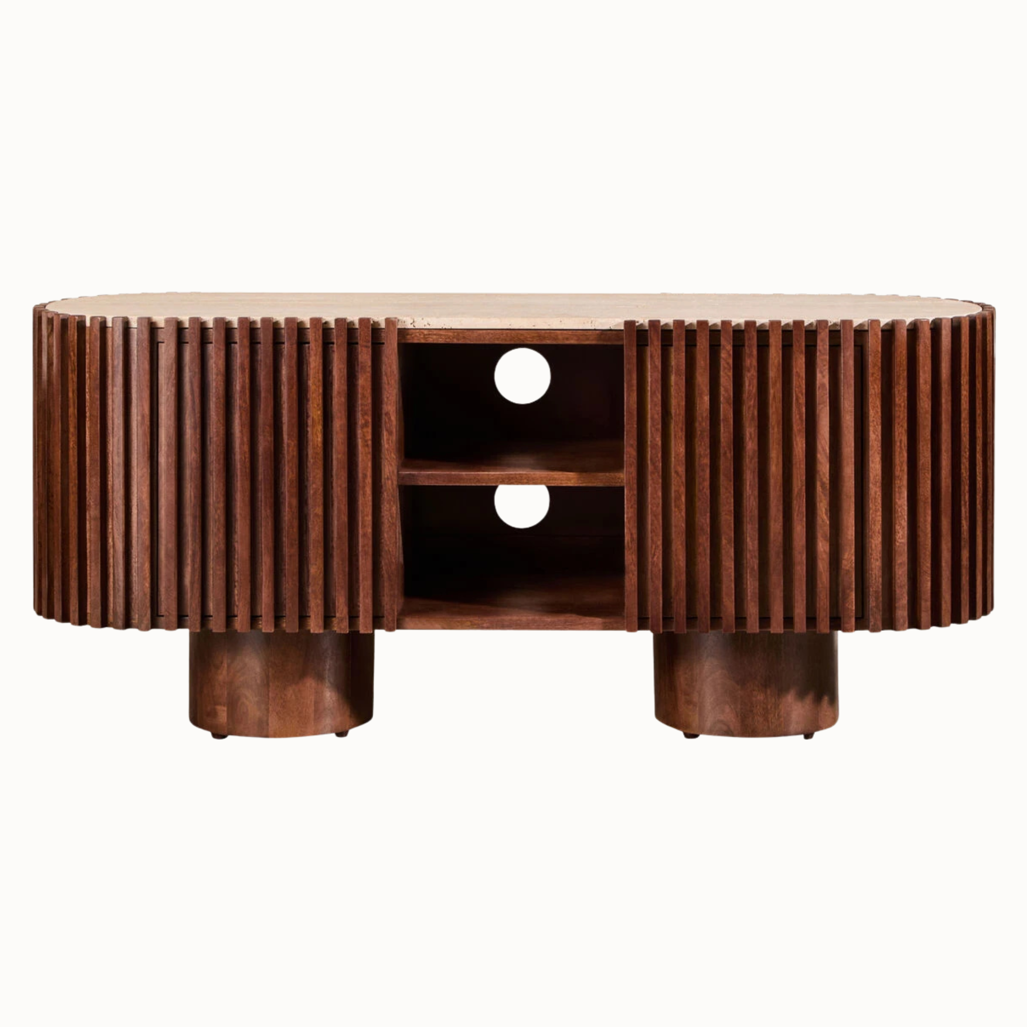 130cm travertine top mango wood TV media unit with curved fluted doors and open shelves on a white background.