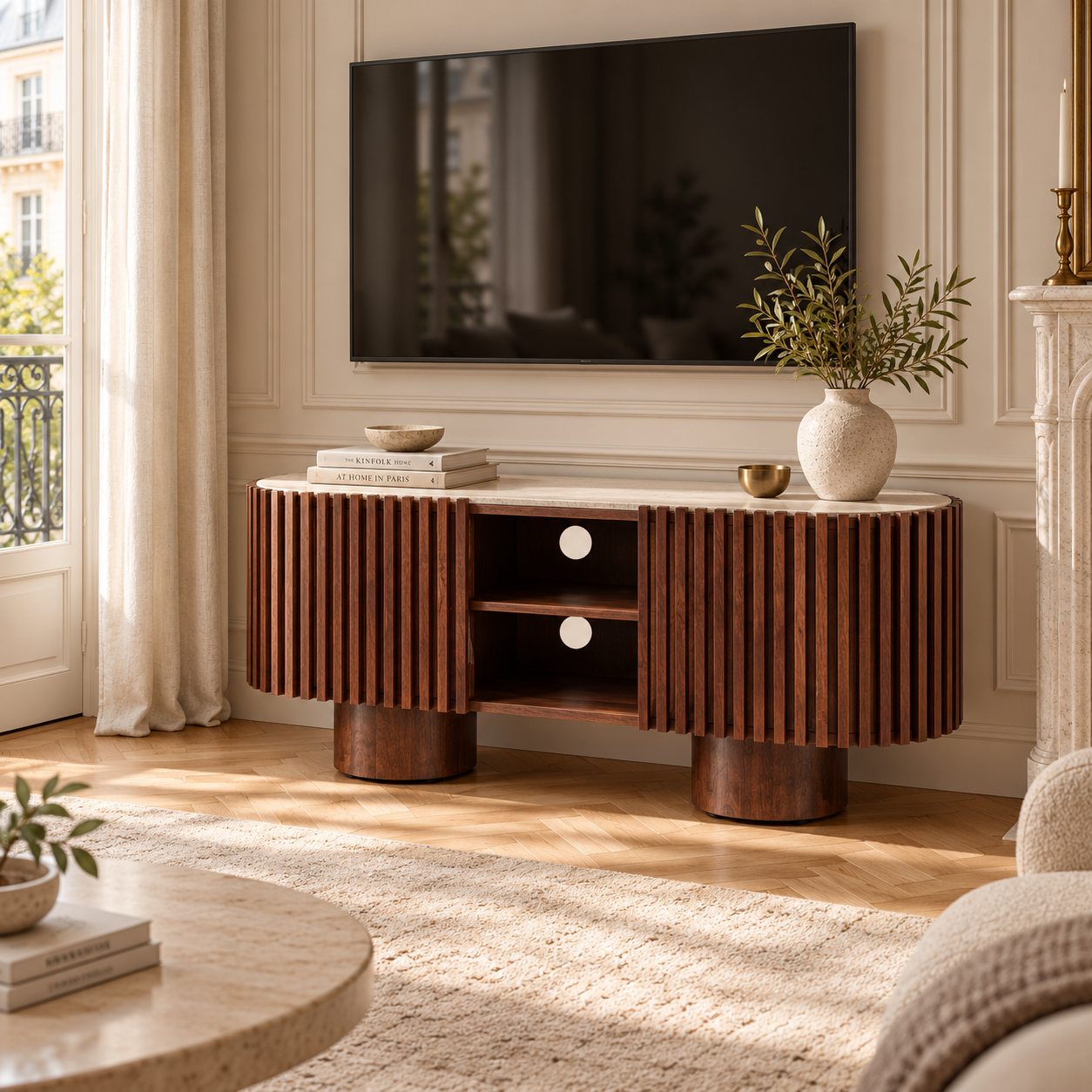 130cm travertine top mango wood fluted TV media unit in a Parisian living room with wall TV, rug and cream seating.
