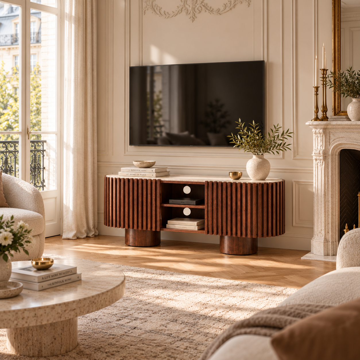 Curved mango wood TV media unit with travertine top in a Parisian salon with wall TV, fireplace and cream seating.