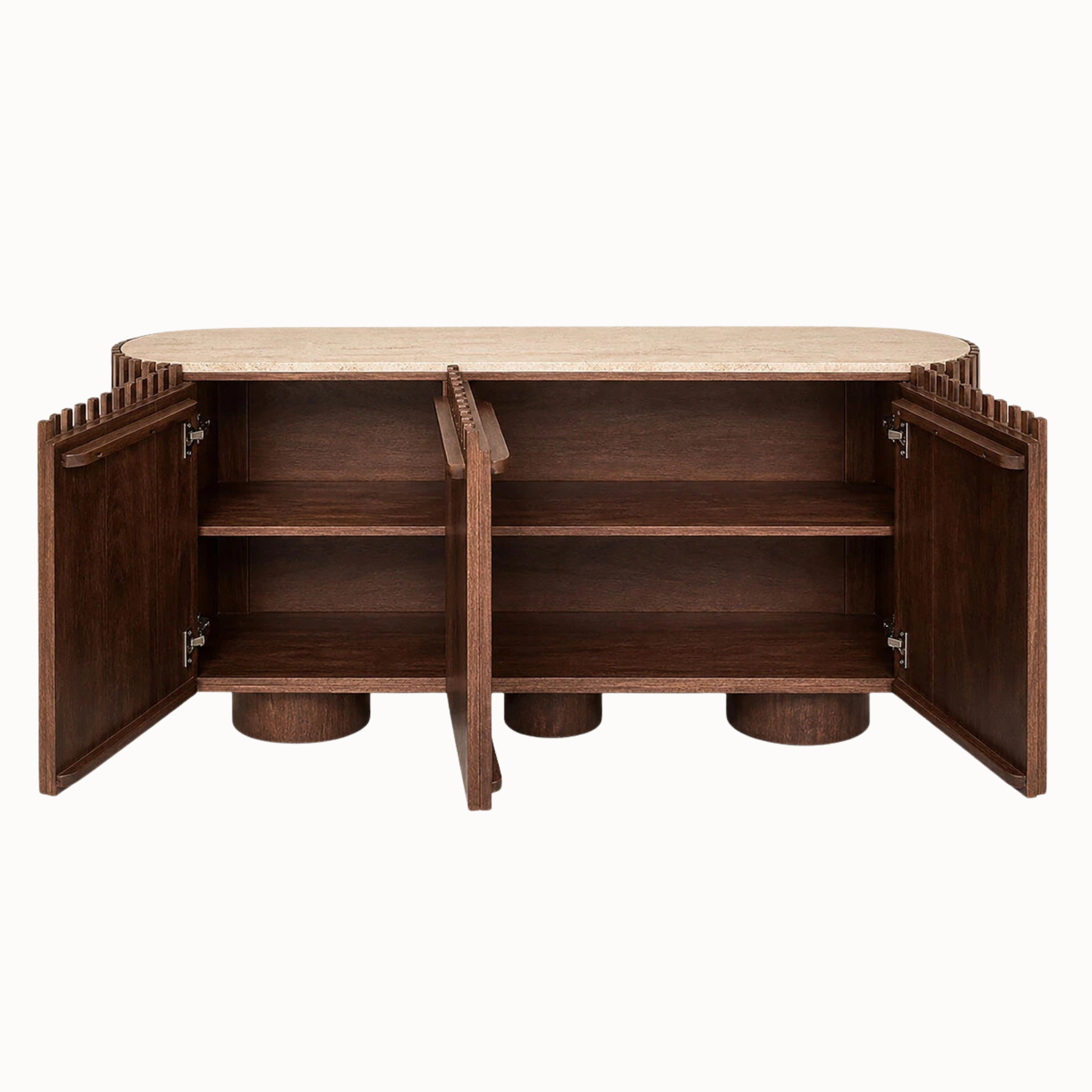 160cm mango wood 2 door sideboard open to show internal storage shelves and travertine top on a white background.