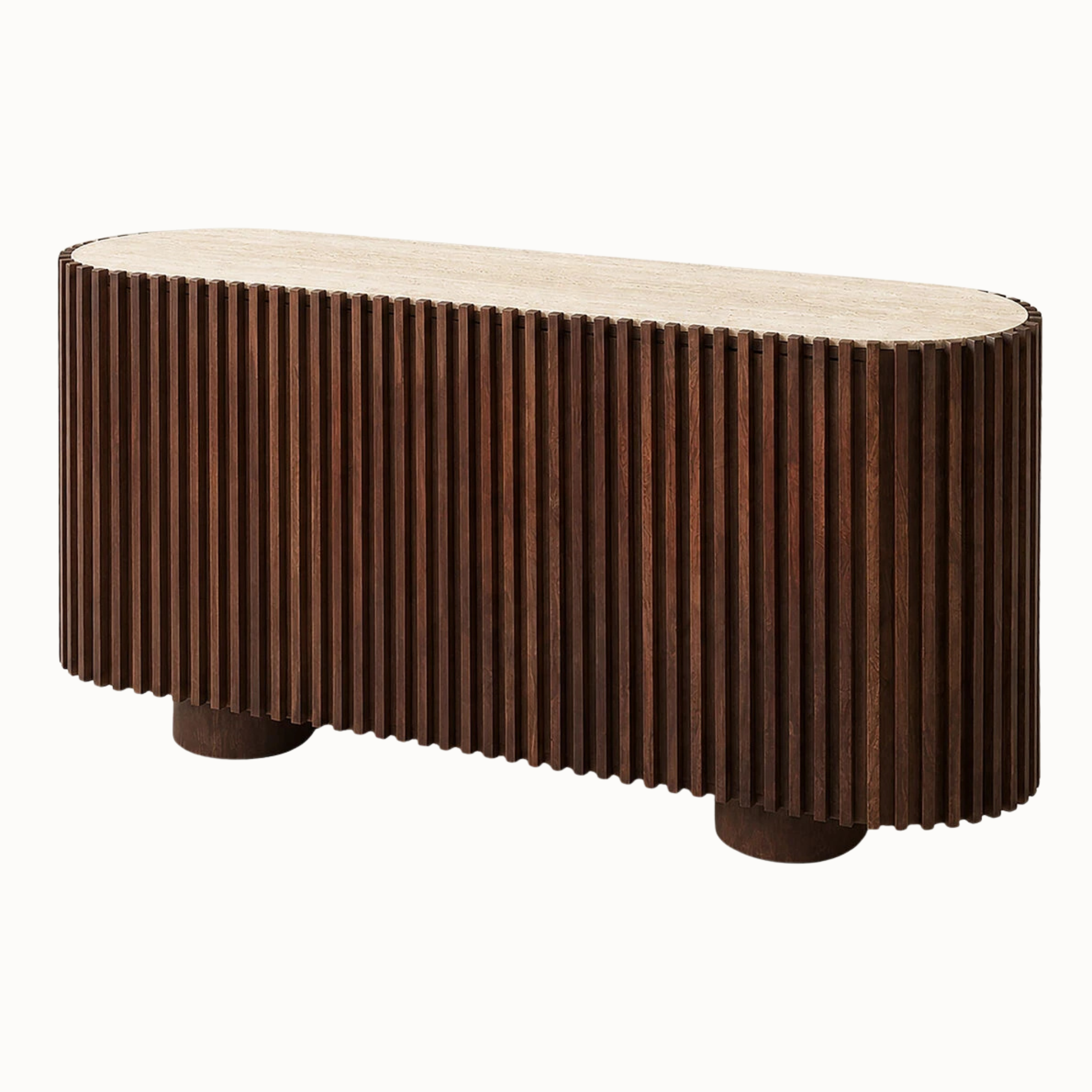 160cm curved mango wood 2 door sideboard with fluted front and travertine top against a plain white background.