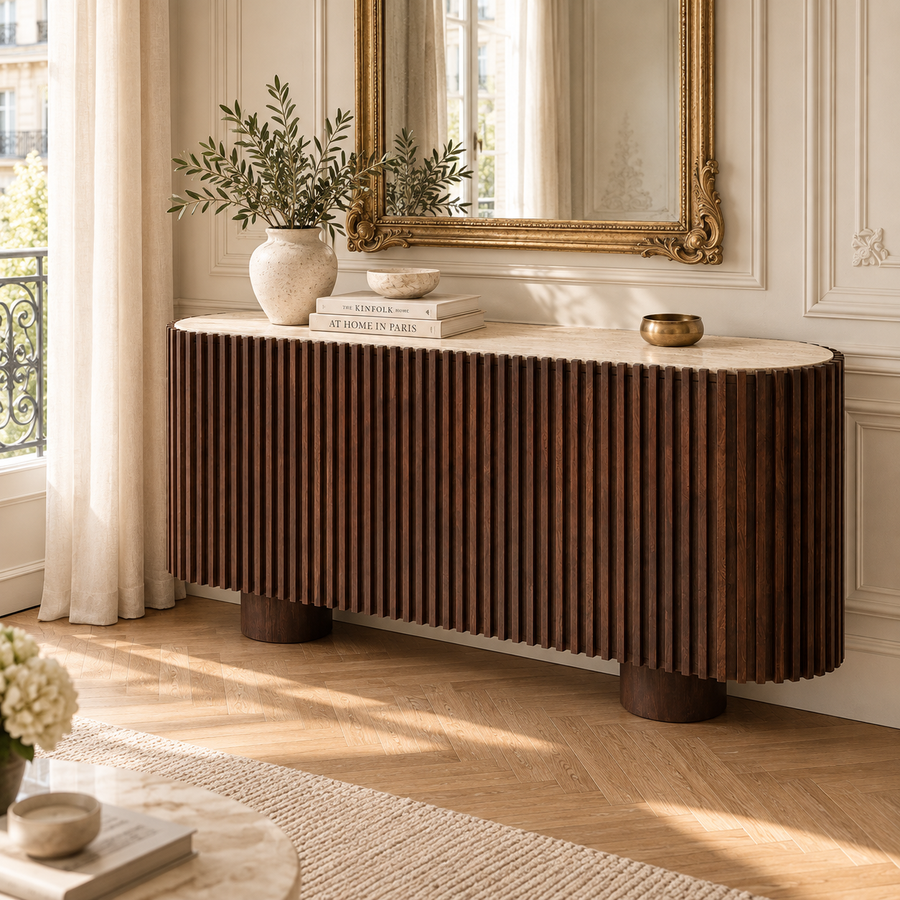 Aurélien Large 160cm Travertine & Mango Wood Curved 2 Door Sideboard