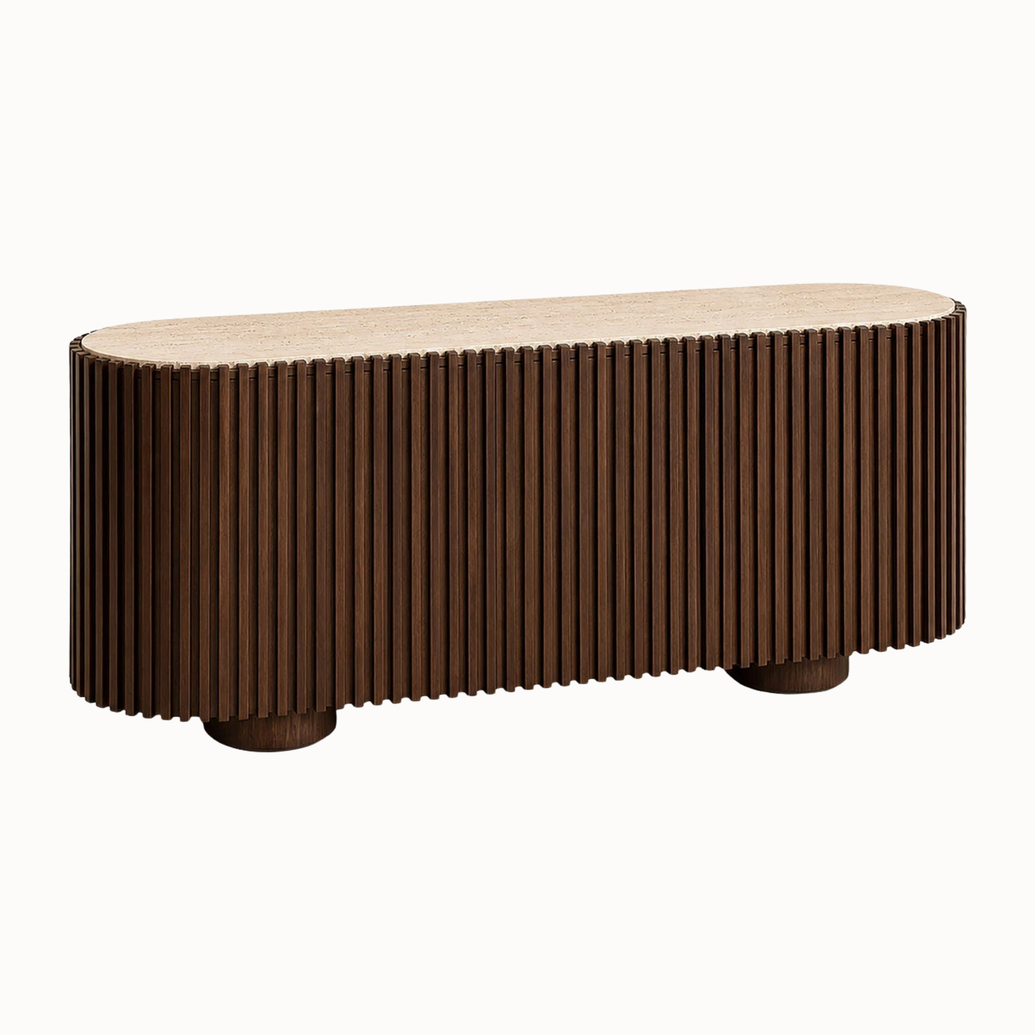 Rear view of 160cm curved mango wood sideboard with fluted sides, travertine top and pedestal legs on a white background.