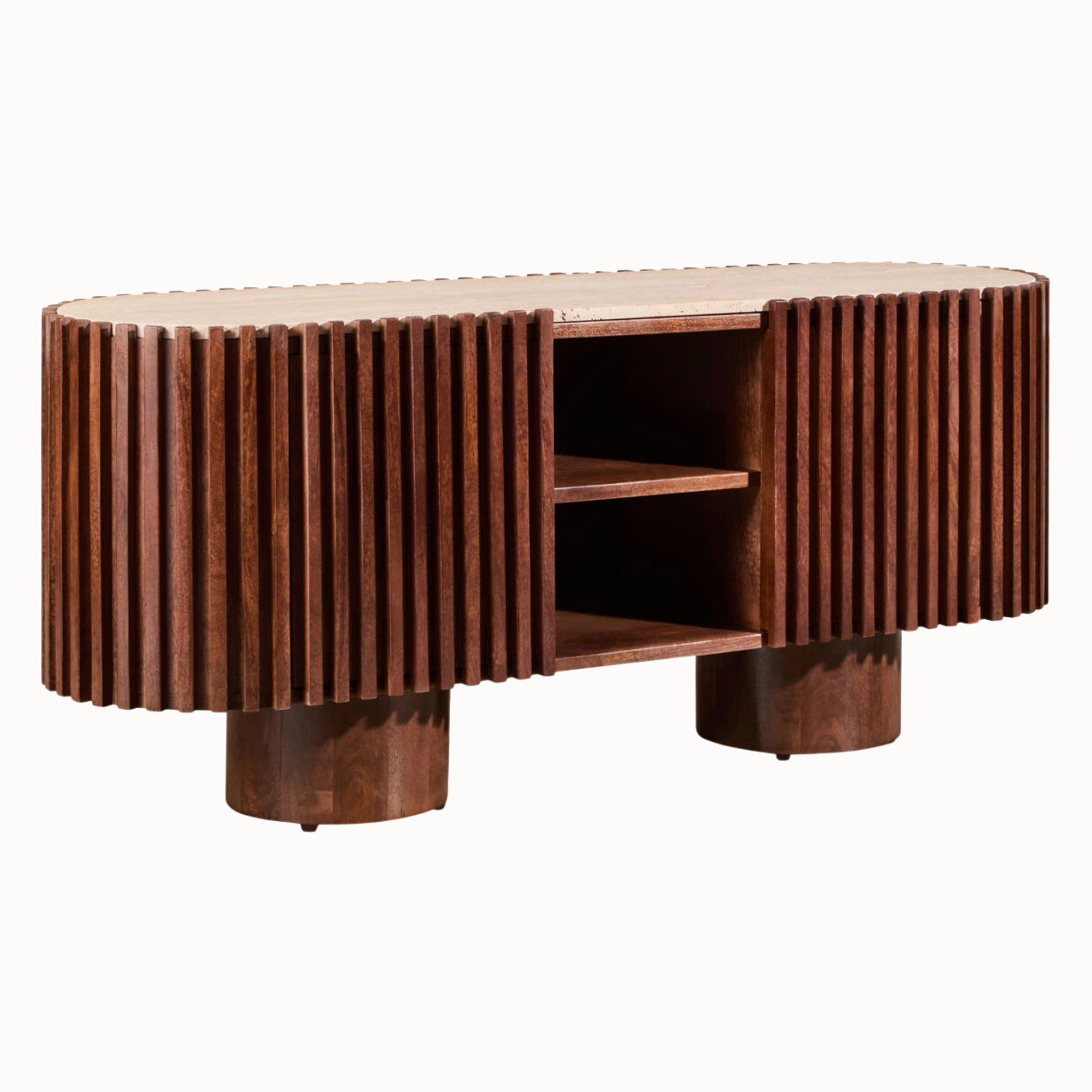 Curved fluted mango wood TV media unit with travertine top, two doors and open shelving on a white background.