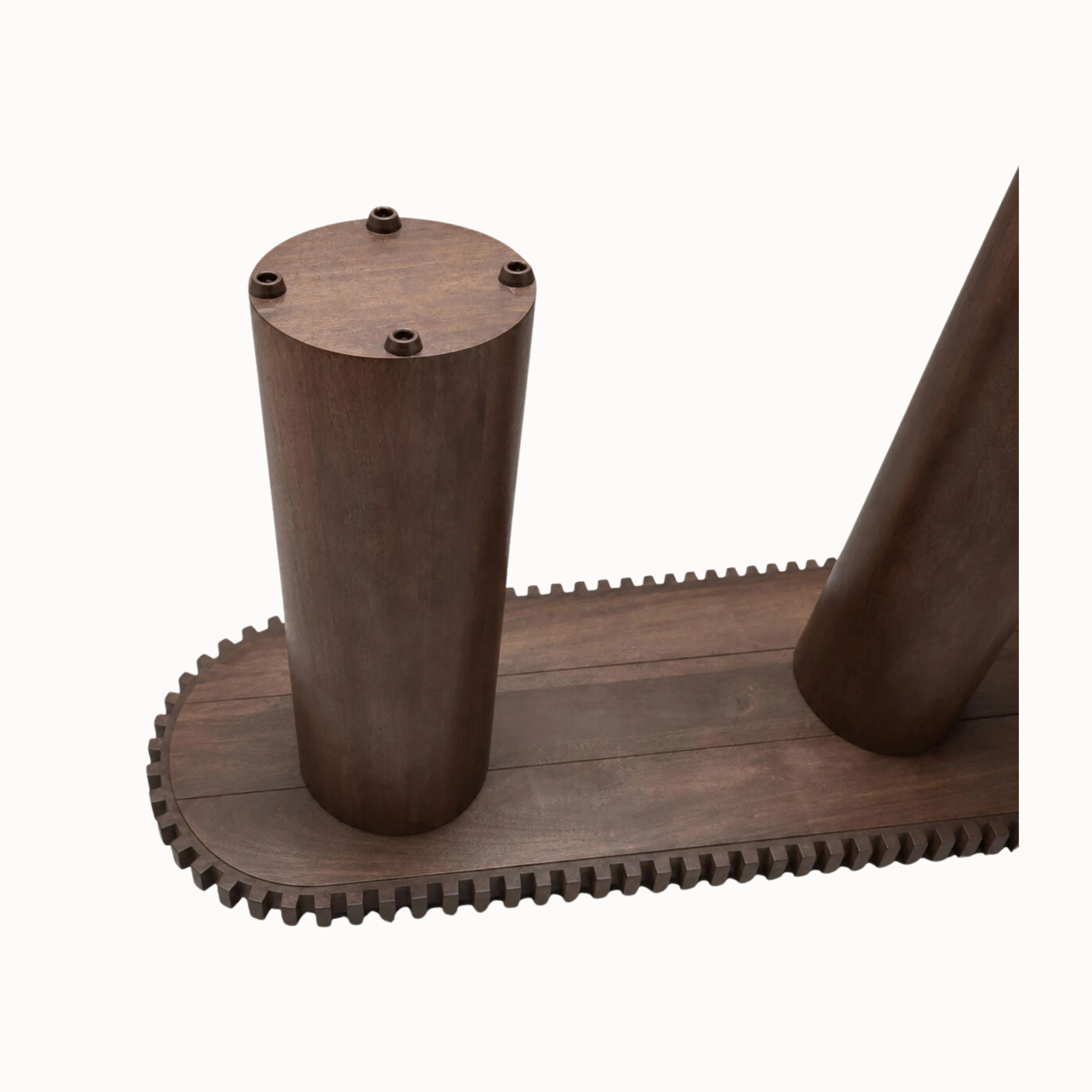 Underside of mango wood console table showing cylindrical wooden legs and fluted curved frame on a plain white background.
