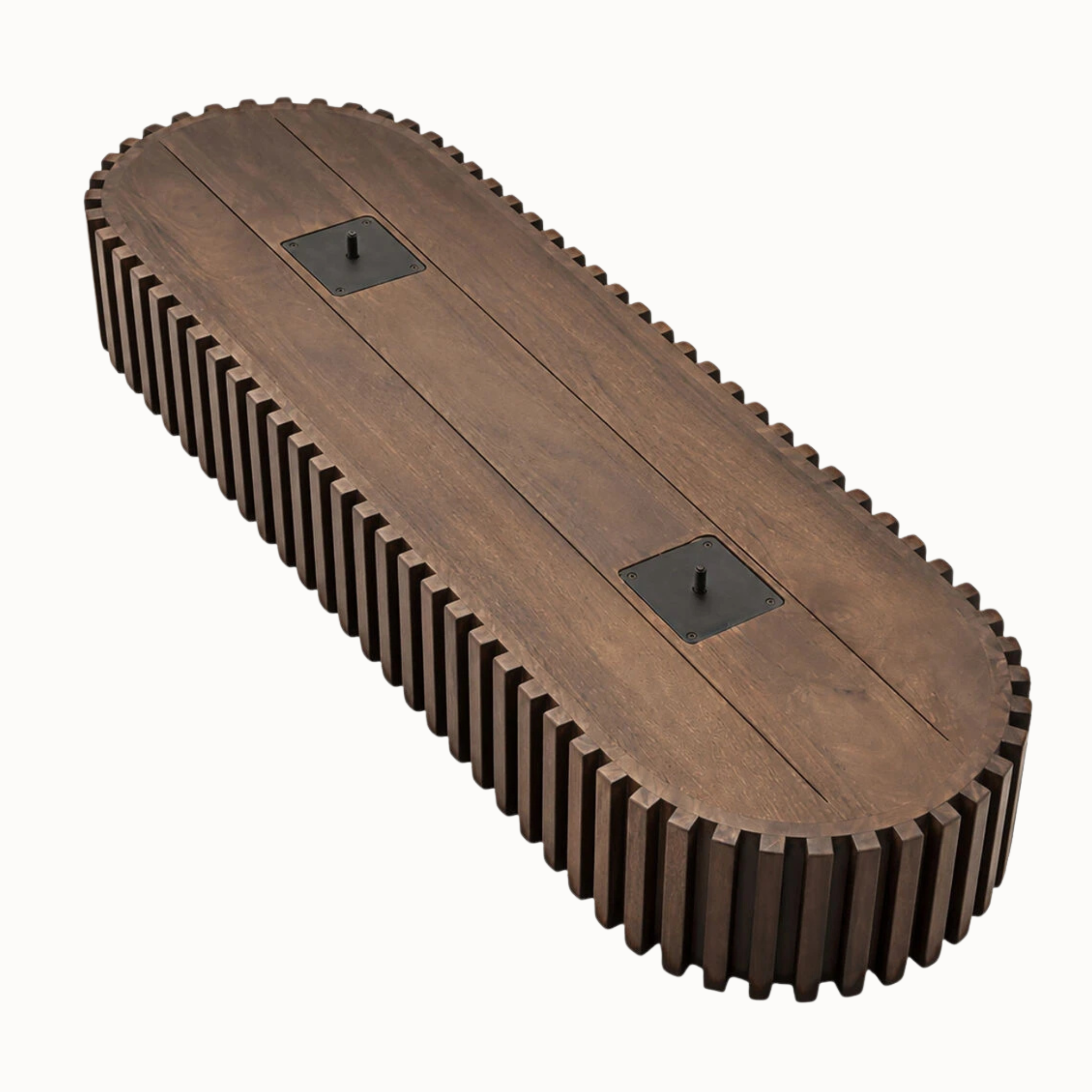 Underside of curved mango wood console table showing fluted edge and metal leg fittings against a plain white background.
