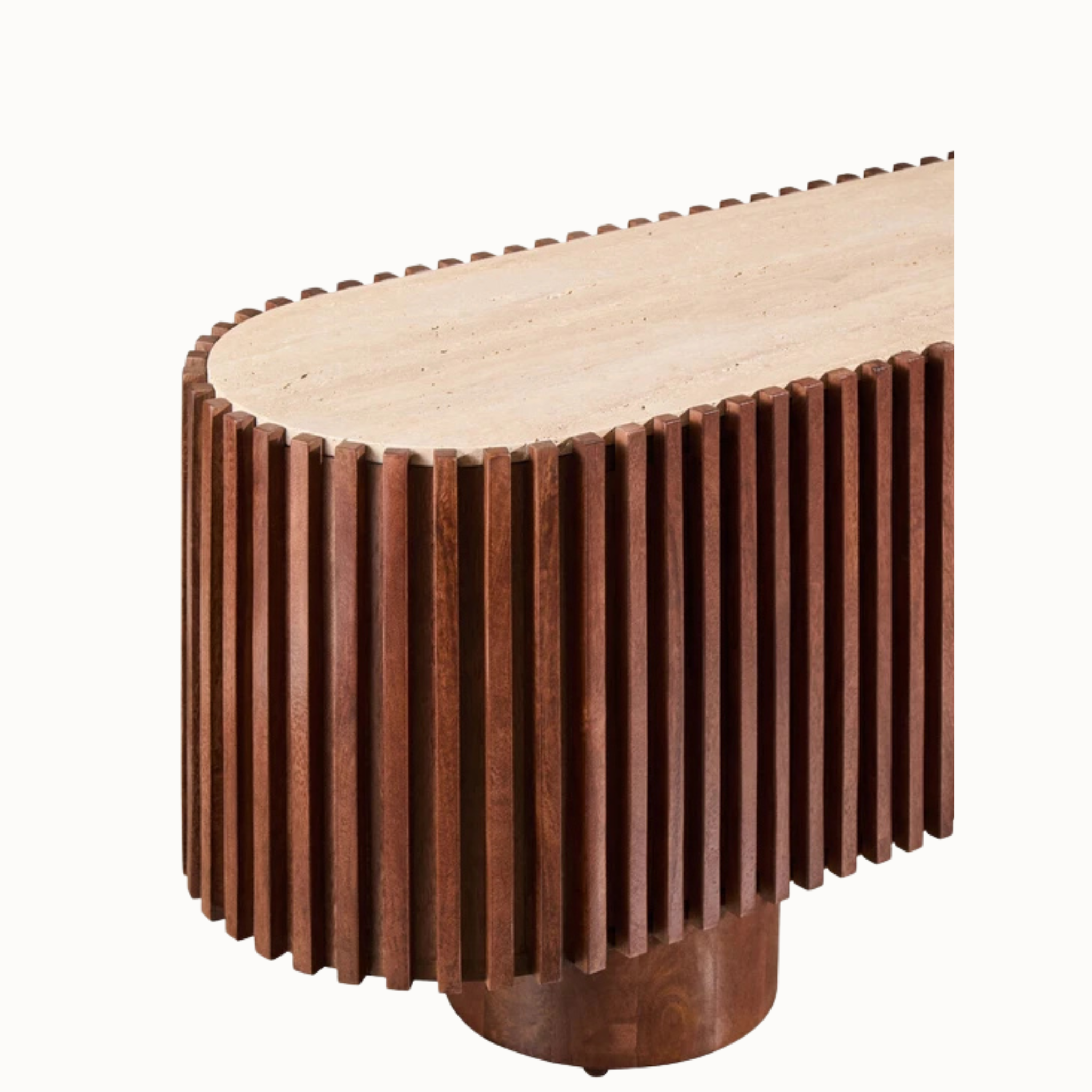 Side view of mango wood TV media unit showing curved fluted detailing and travertine top on a plain white background.