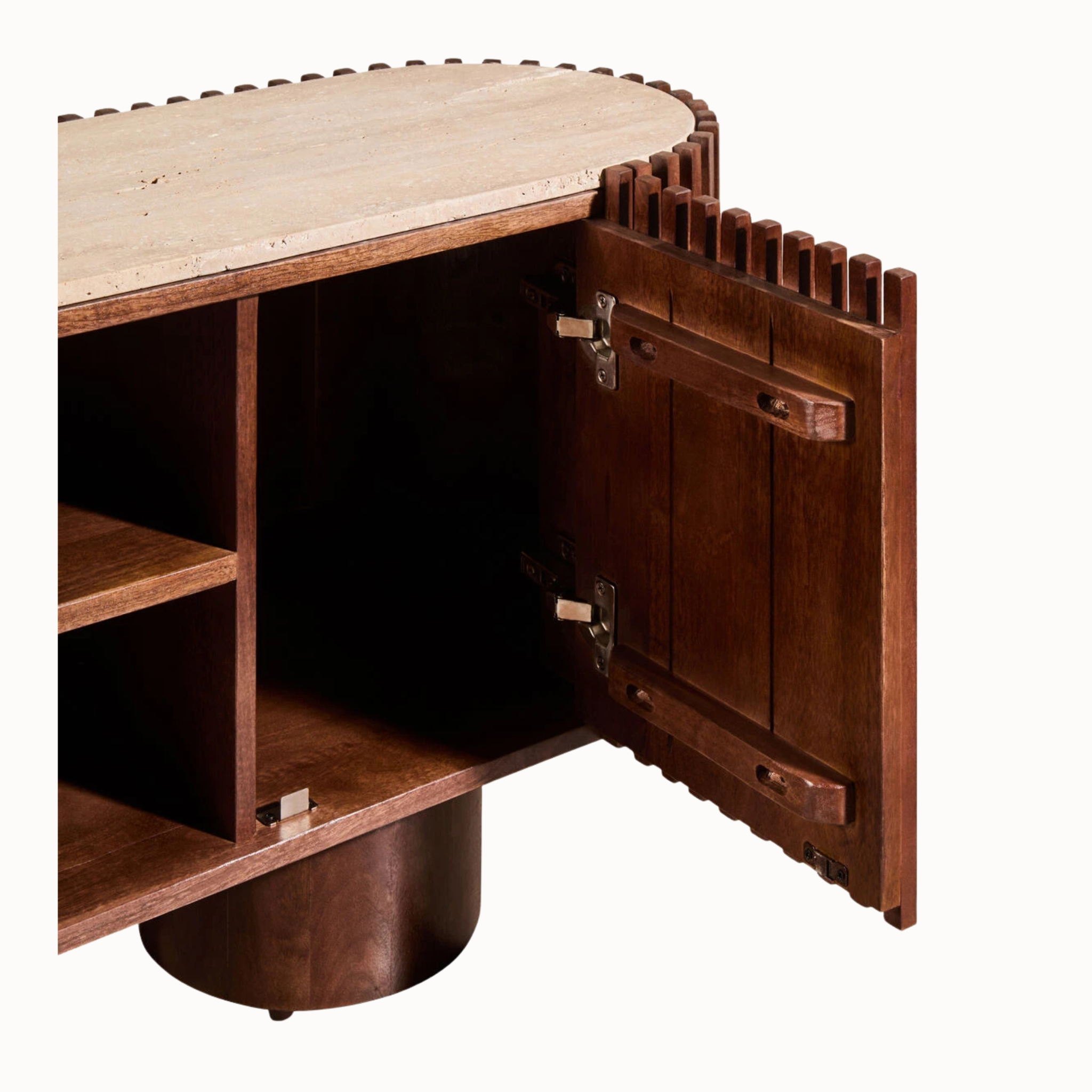 Open mango wood TV media unit showing internal storage shelves, fluted door and hinges against a white background.