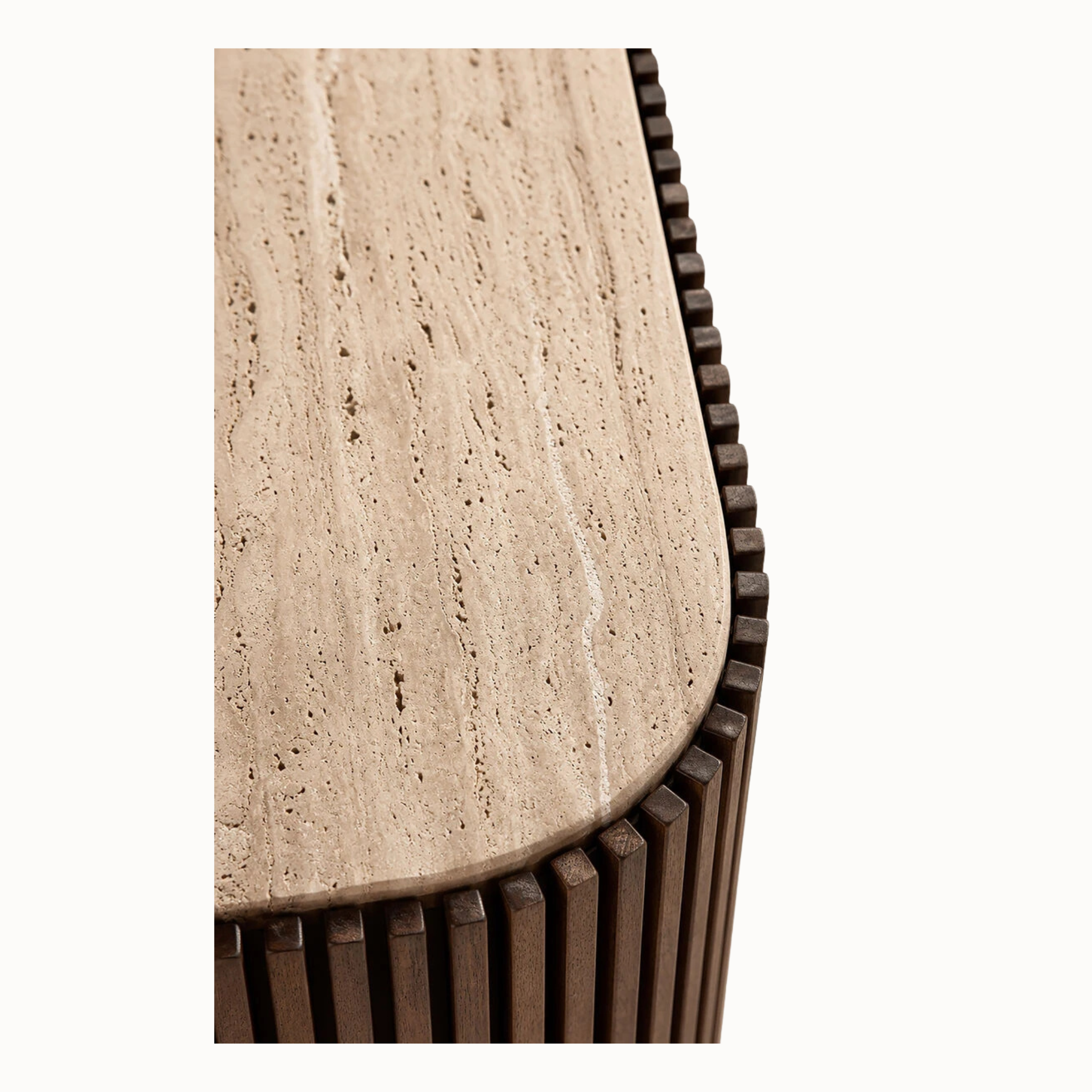 Close-up of natural travertine top and curved mango wood fluting on the sideboard against a plain white background.