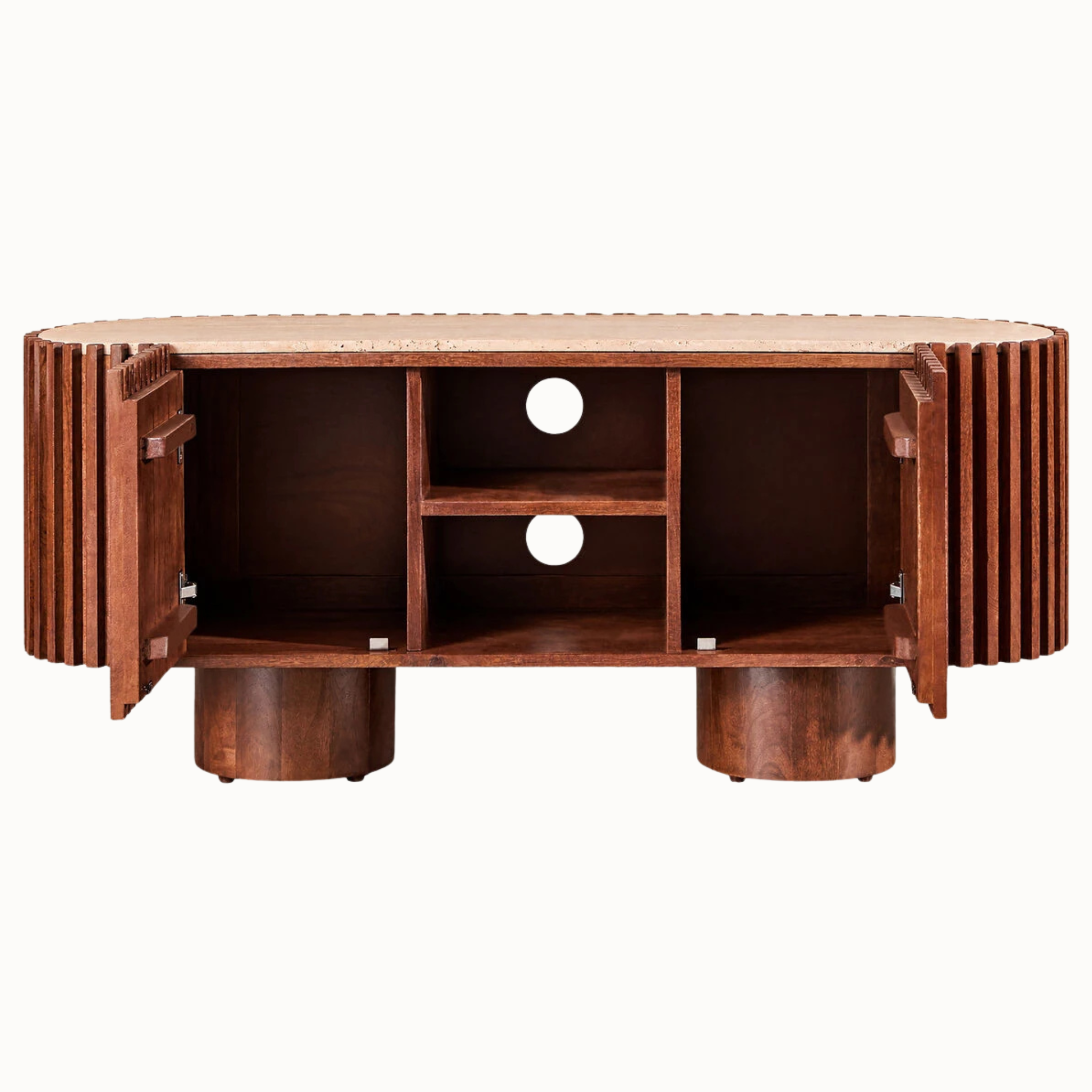 Travertine top mango wood TV media unit with both fluted doors open, shelves and cable holes on a white background.