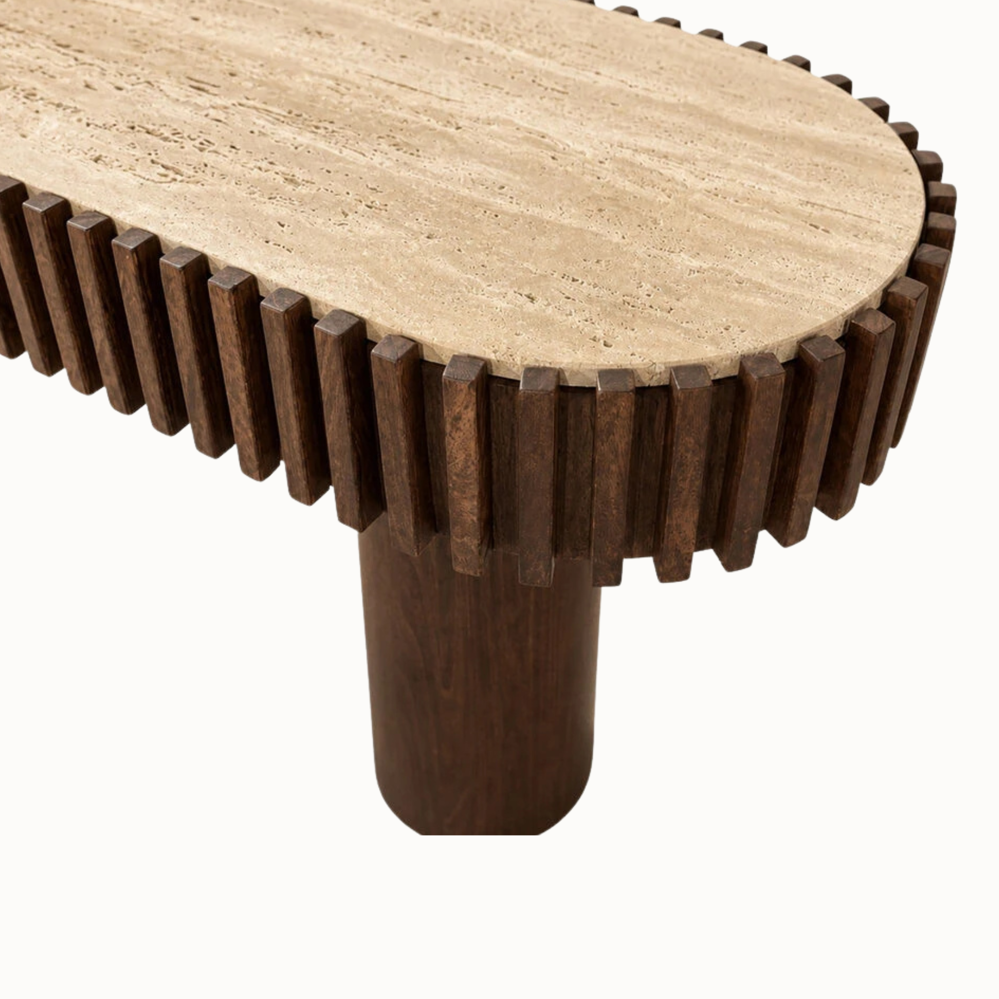 Close-up of natural travertine top, curved fluted mango wood edge and cylindrical leg against a plain white background.