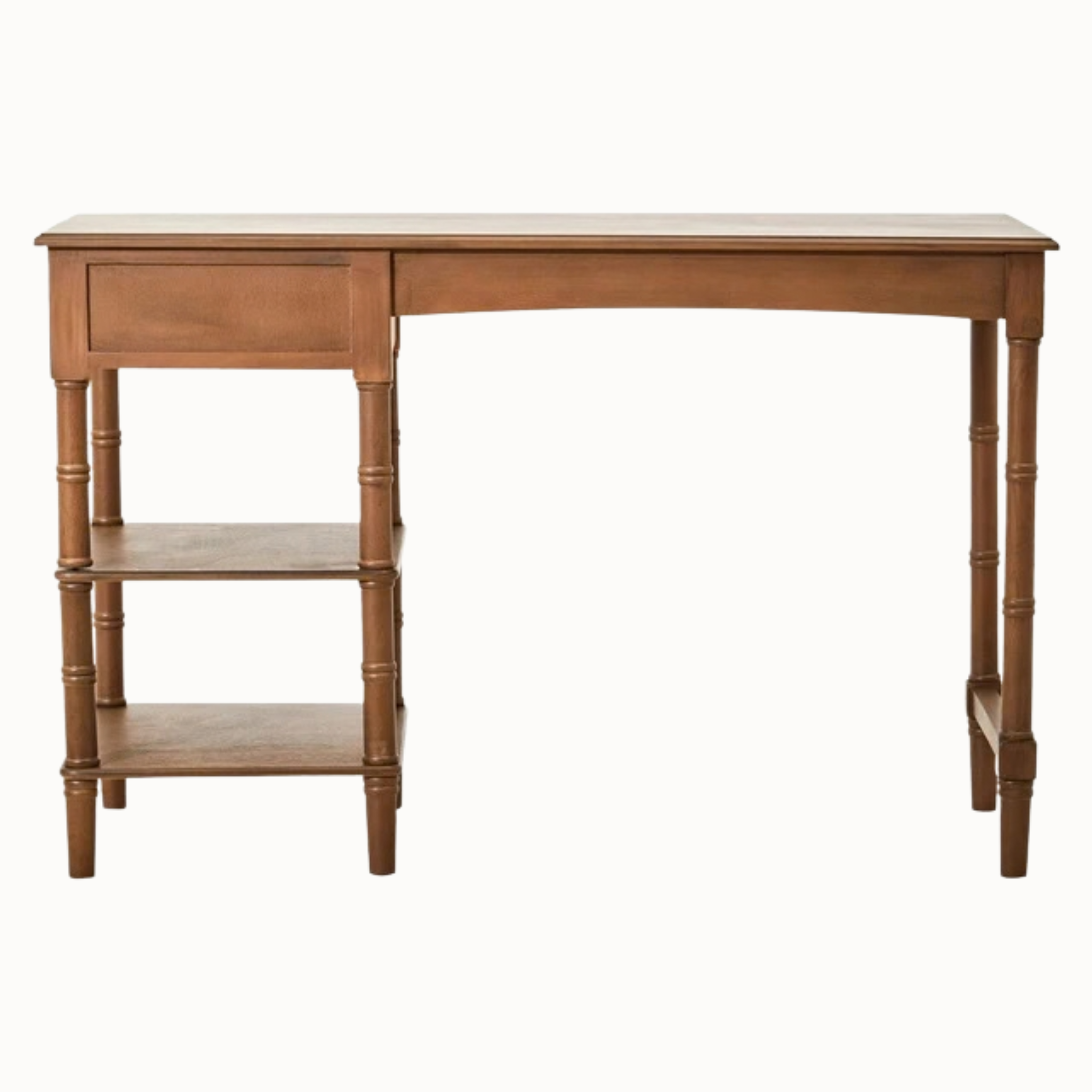 Aveline 116cm brown wood writing desk, reverse view showing two open side shelves and turned legs on a white background.
 Copy