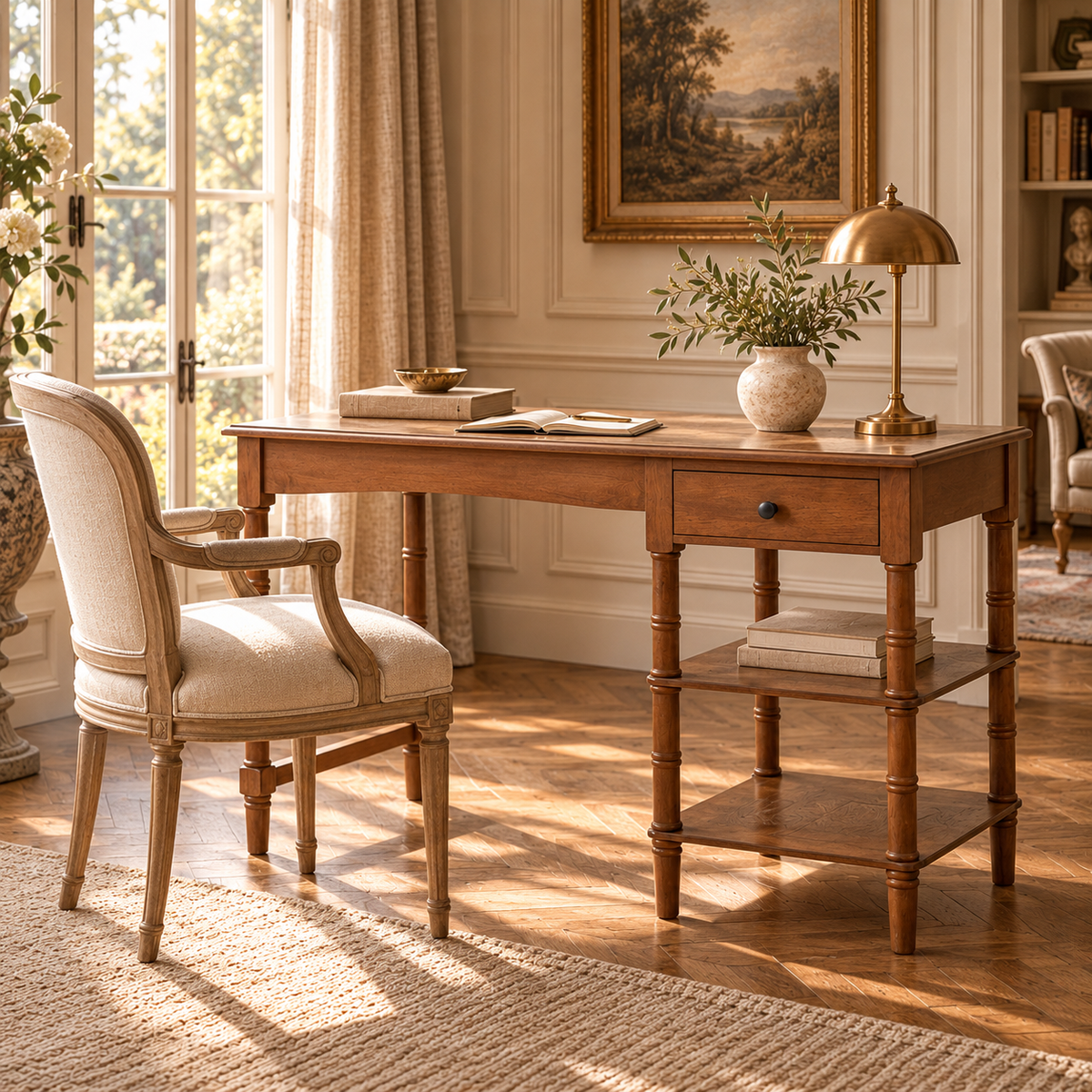 Aveline 116cm brown writing desk with cream chair and brass lamp in a sunlit French-style study with parquet flooring.