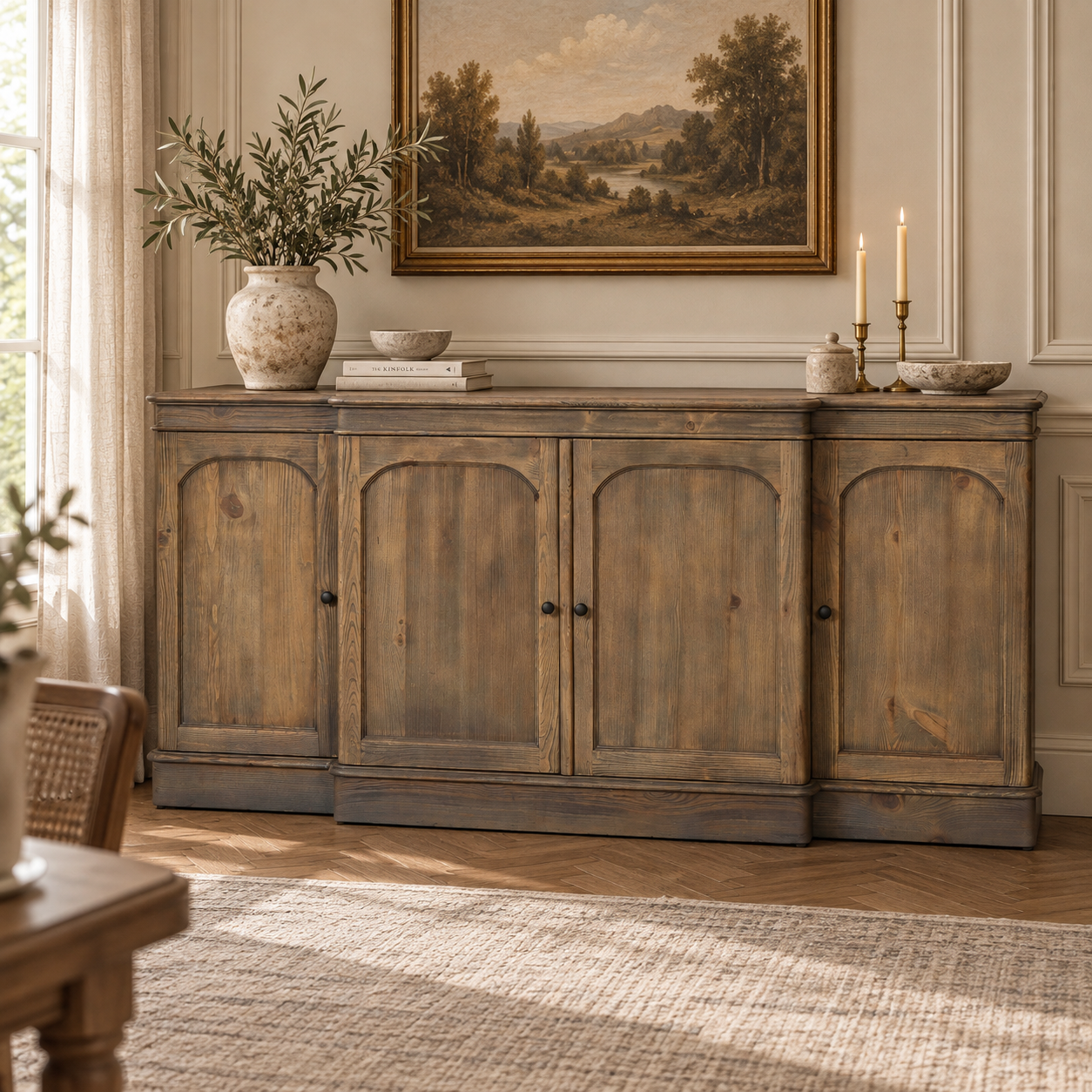 Aveline 190cm rustic pine wood 4 door sideboard with greenery and artwork in a warm country dining room.