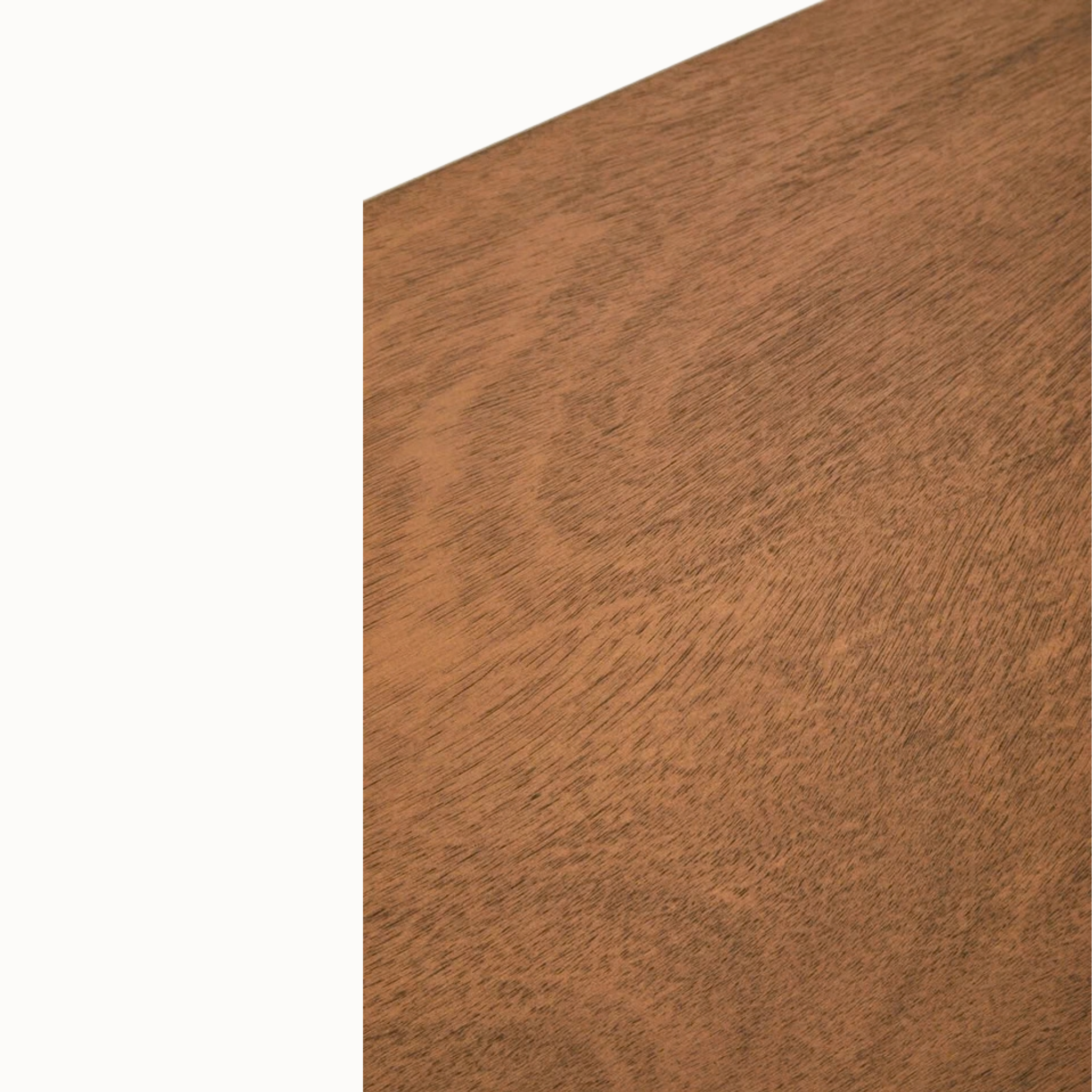 Close-up of Aveline writing desk's warm brown wooden tabletop, showing fine natural grain and texture against white.