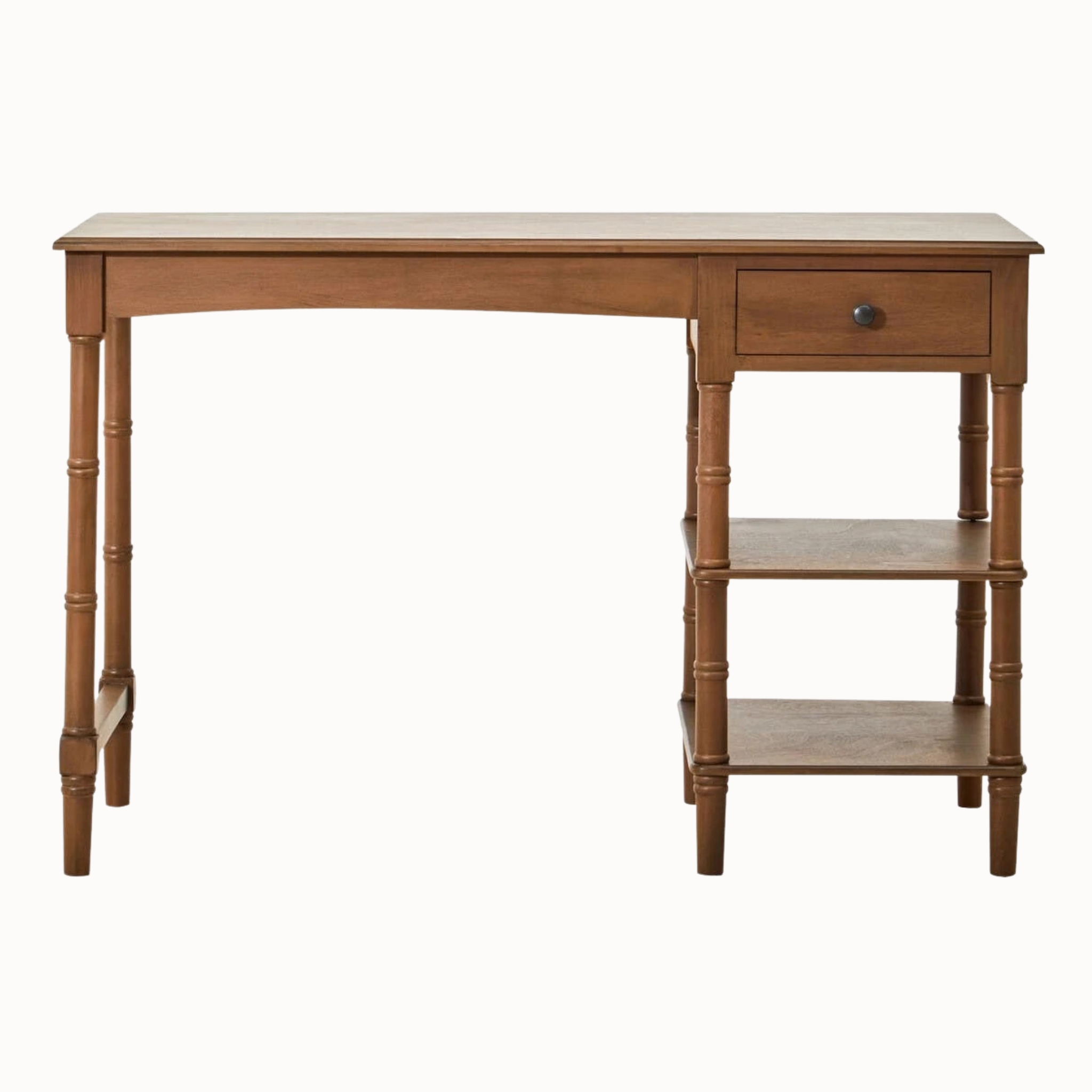 Close-up of Aveline brown wood writing desk's open storage drawer, showing wooden interior and dark round knob on white.