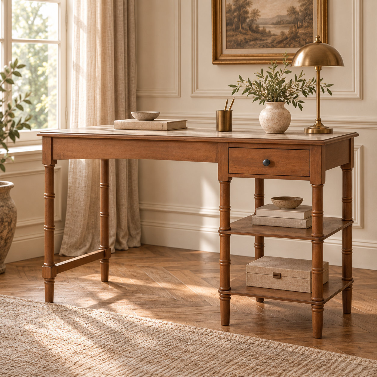 Aveline brown wood writing desk with drawer and shelves, styled with brass lamp beside a window in a cream-panelled study.
