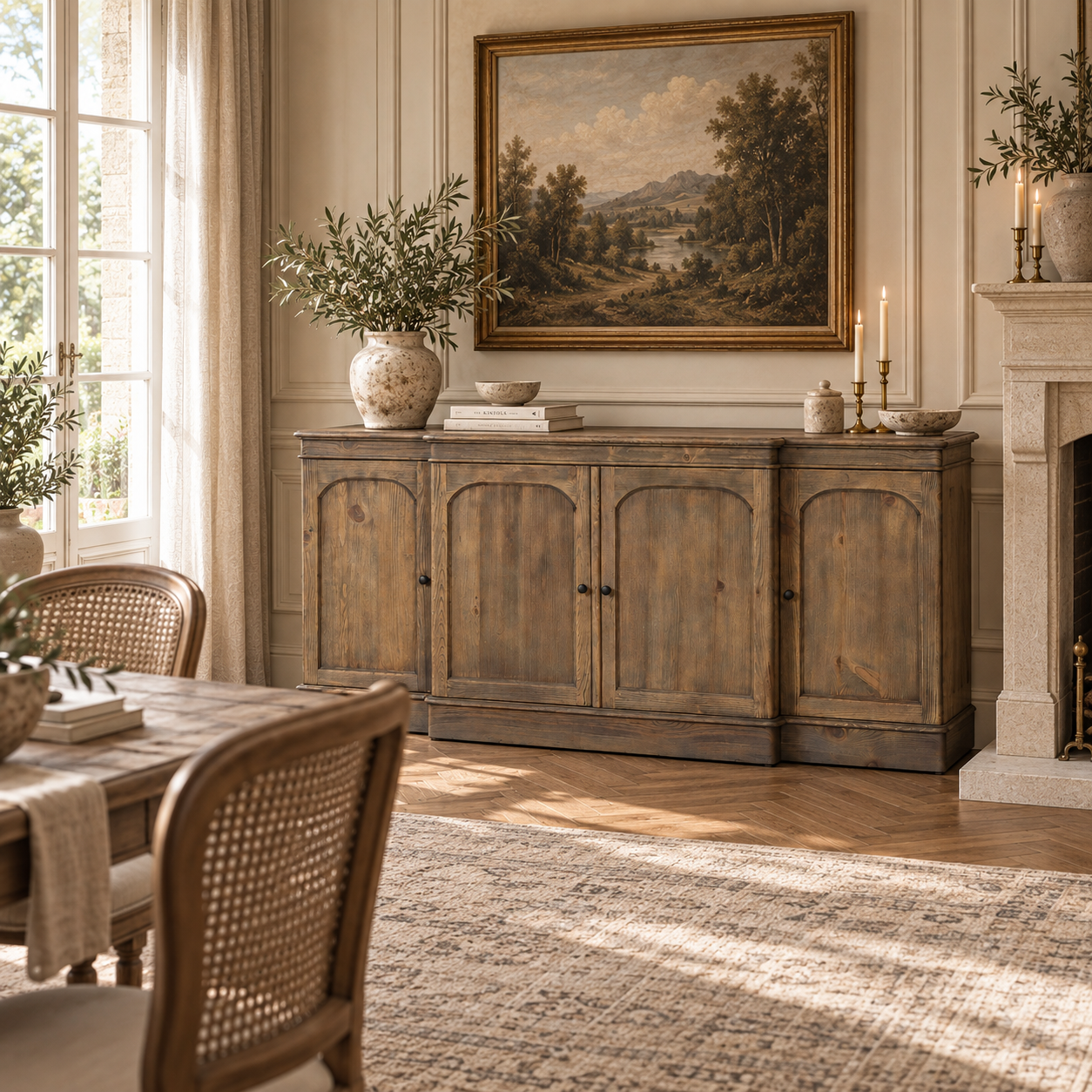 Aveline large rustic pine sideboard beside a fireplace and dining table in a sunlit country-style dining room.