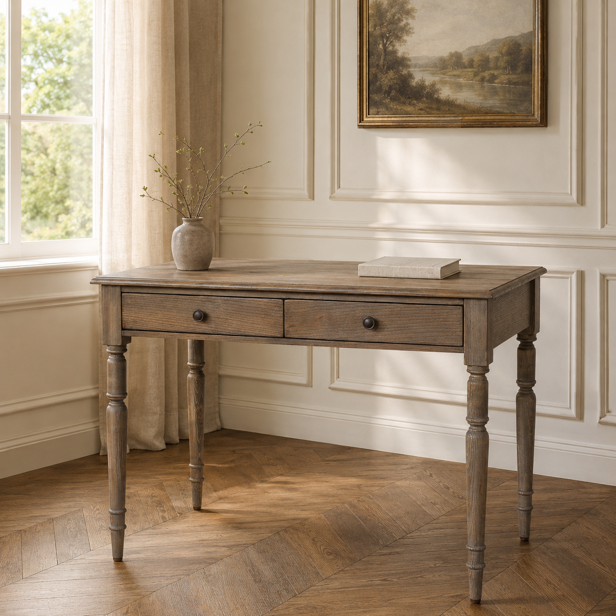 Aveline pine wood writing desk with 2 drawers in a warm room with panelled walls and herringbone wood floor