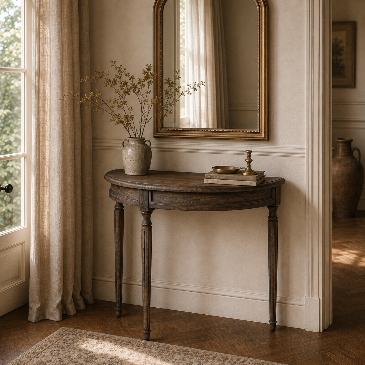 Aveline rustic pine demi-lune console table styled with mirror and vase in a Parisian hallway with linen curtains.