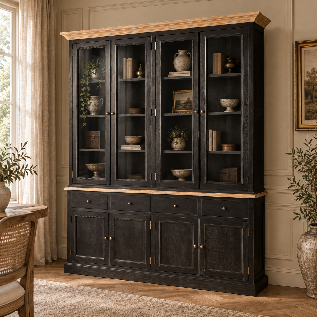Bastien black oak display cabinet with four glass doors and drawers in a warm dining room with window, rug and framed art.