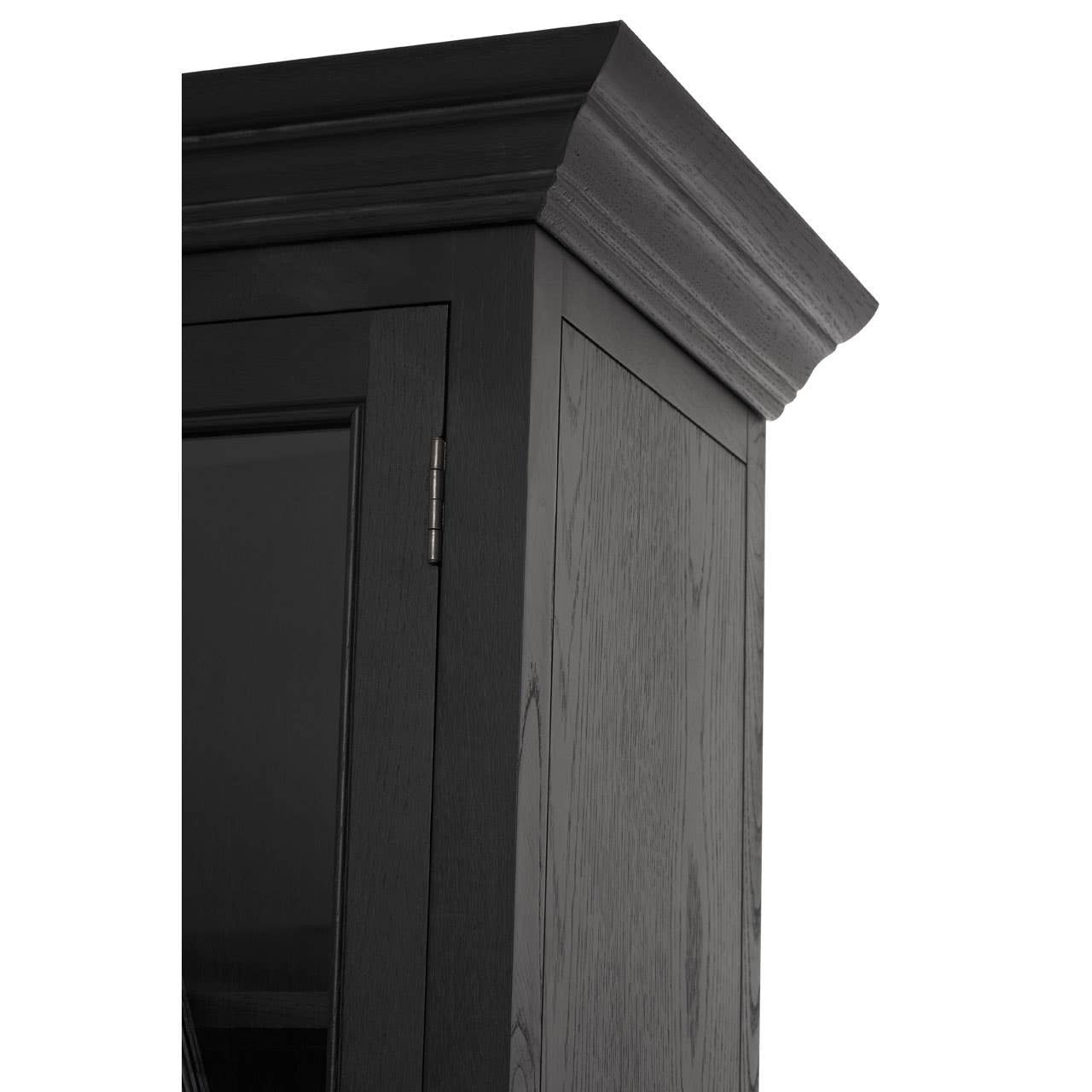 Close-up of the Bastien Four Door Display Cabinet in Black Oak Wood highlighting the decorative moulded cornice, black oak wood grain and quality cabinet craftsmanship.