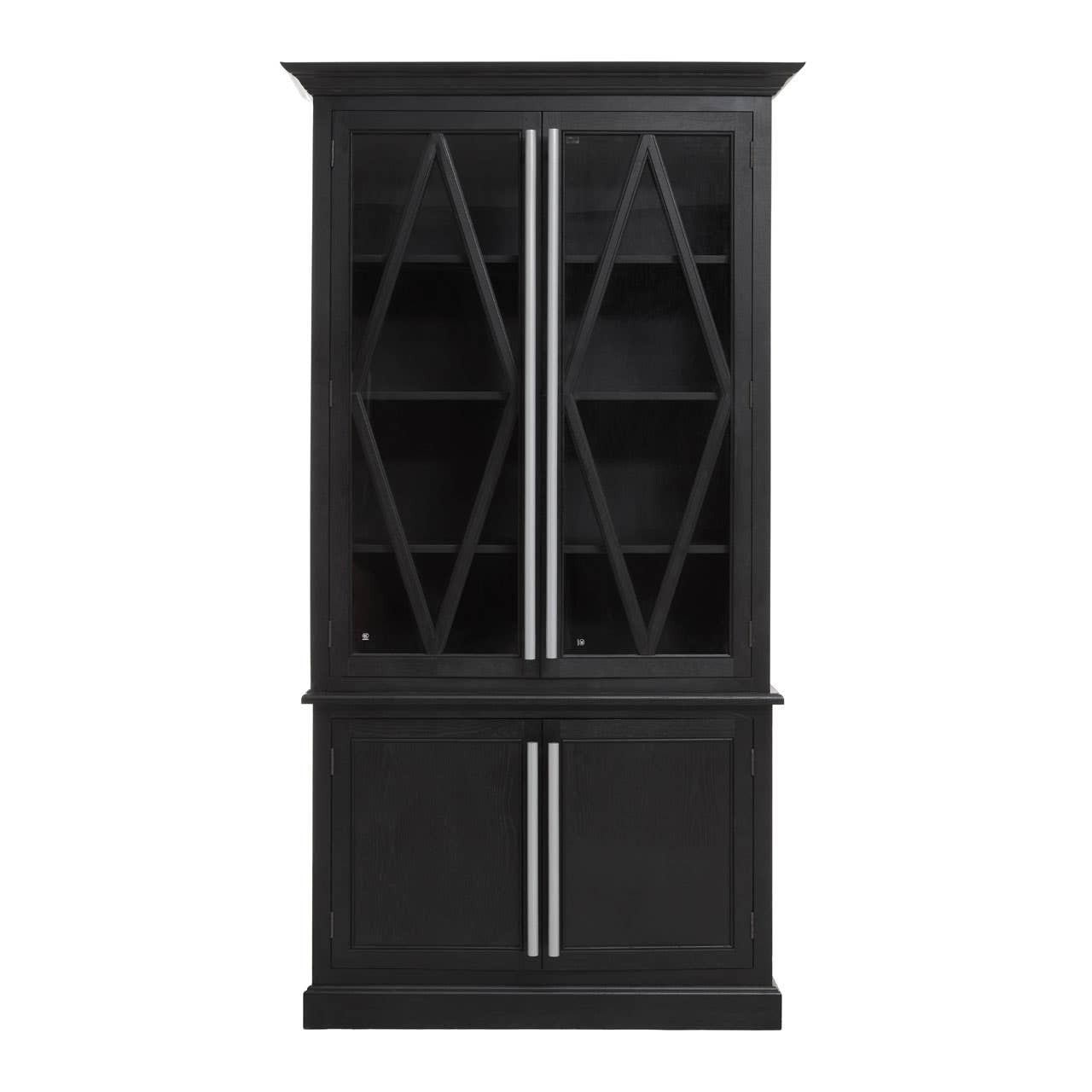 Front view of the Bastien Four Door Display Cabinet in Black Oak Wood featuring two glazed upper display doors, two lower cupboard doors, spacious shelving, black oak finish and contemporary storage for living rooms, dining rooms and home offices.