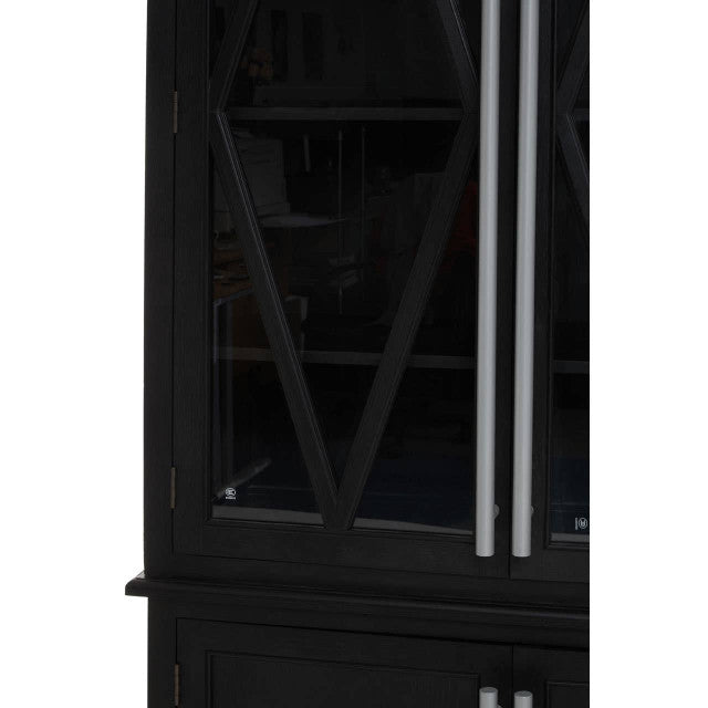 Detailed view of the Bastien Four Door Display Cabinet in Black Oak Wood highlighting the decorative glazed cabinet door design, brushed metal handles and premium black oak finish.