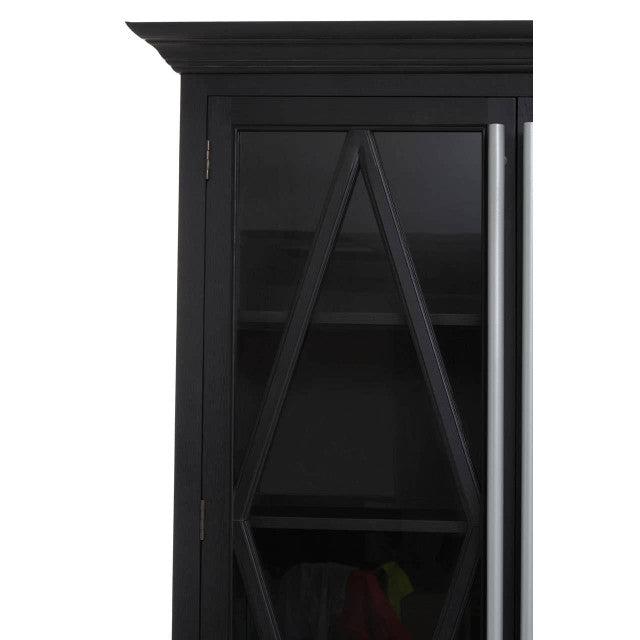 Detailed close-up of the Bastien Four Door Display Cabinet in Black Oak Wood showcasing the decorative glazed cabinet door, geometric wood detailing, black oak finish and contemporary cabinet craftsmanship.