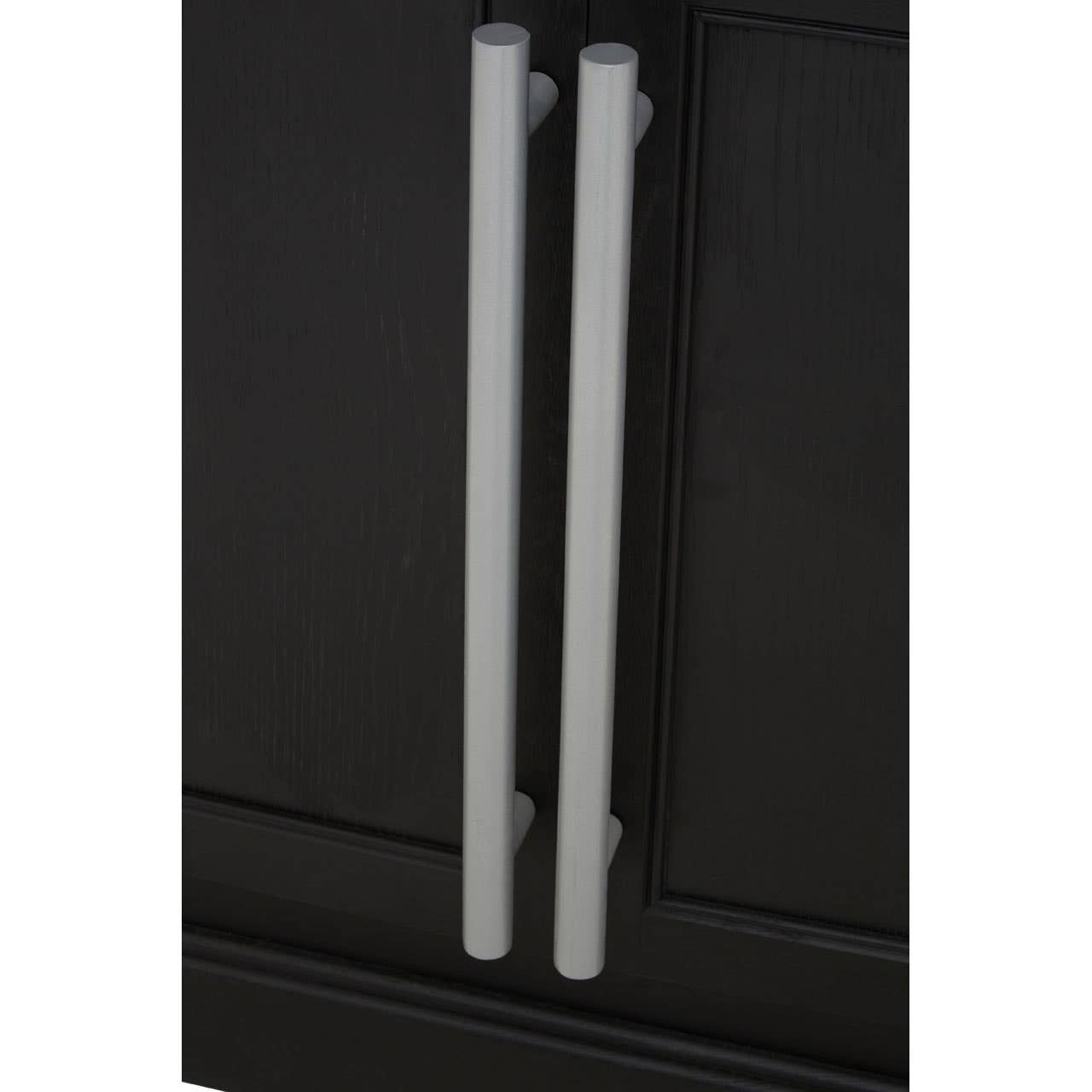 Close-up of the Bastien Four Door Display Cabinet in Black Oak Wood featuring brushed metal cabinet handles, framed door detailing and premium black oak wood construction.