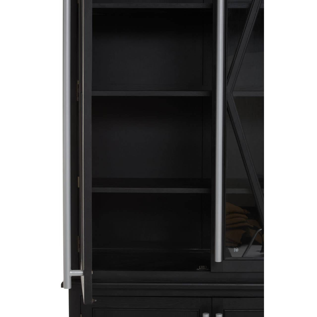 Close-up of the Bastien Four Door Display Cabinet in Black Oak Wood with the upper glass display door open, showcasing spacious shelving and premium display storage for books, glassware and decorative accessories.