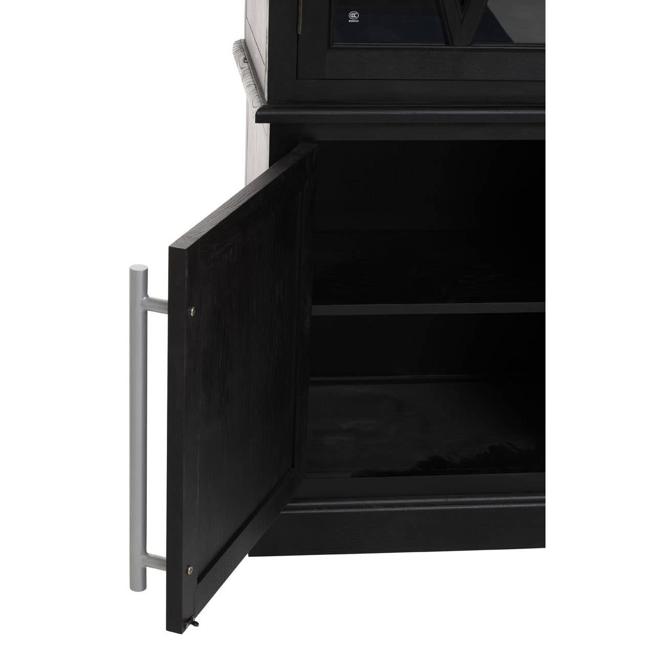 Bastien Four Door Display Cabinet in Black Oak Wood with the lower cupboard door open, revealing spacious concealed shelving ideal for home storage, dining essentials and everyday organisation.