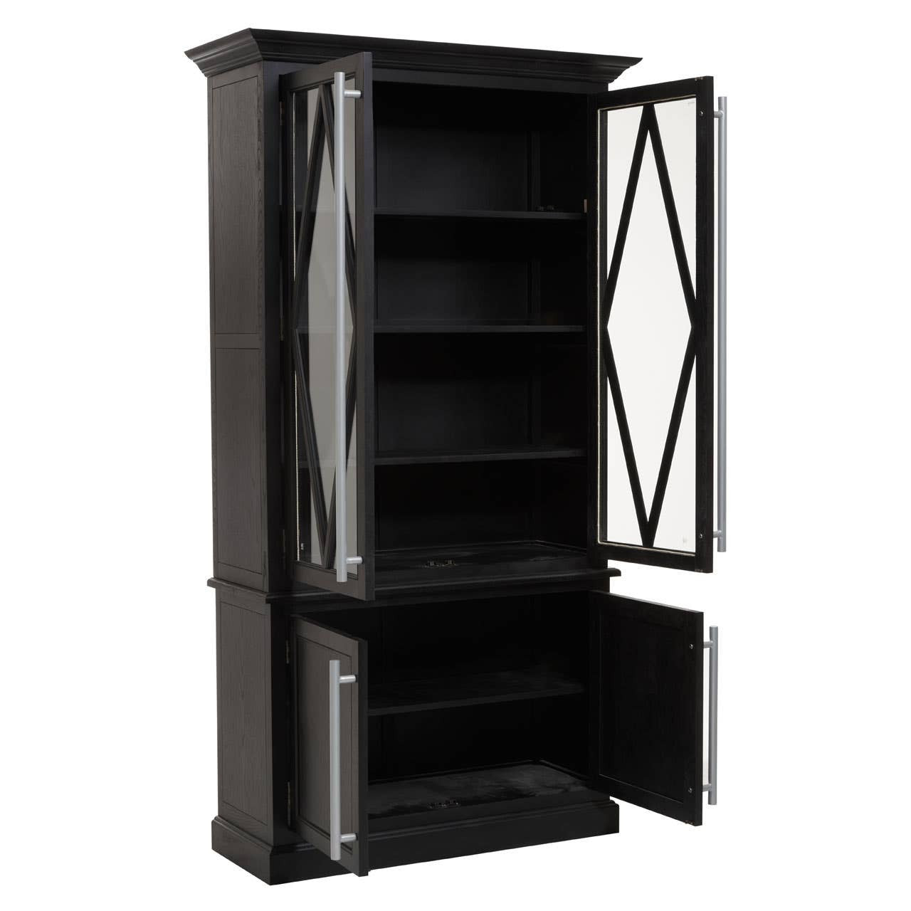 Bastien Four Door Display Cabinet in Black Oak Wood with upper glass doors and lower cupboard doors open, revealing spacious shelving and concealed storage for displaying dinnerware, books, glassware and decorative accessories.