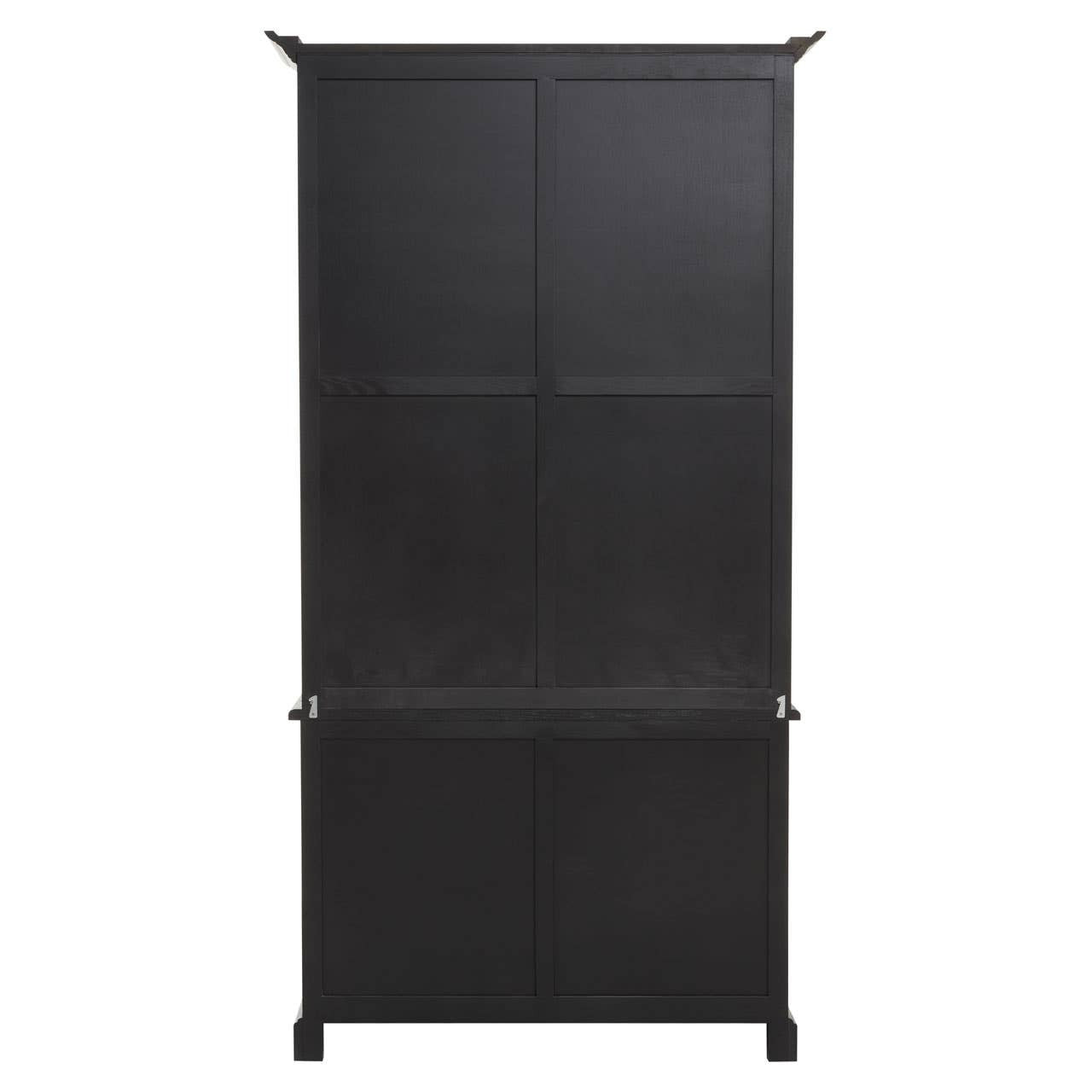 Rear view of the Bastien Four Door Display Cabinet in Black Oak Wood showing the sturdy cabinet construction, panelled back and durable freestanding furniture design.