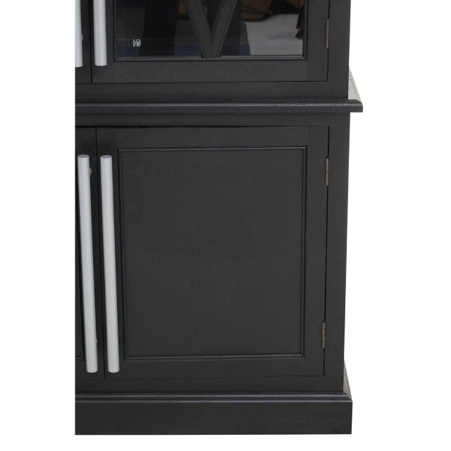 Side detail of the Bastien Four Door Display Cabinet in Black Oak Wood featuring the framed lower cupboard door, brushed metal handles and premium black oak finish.