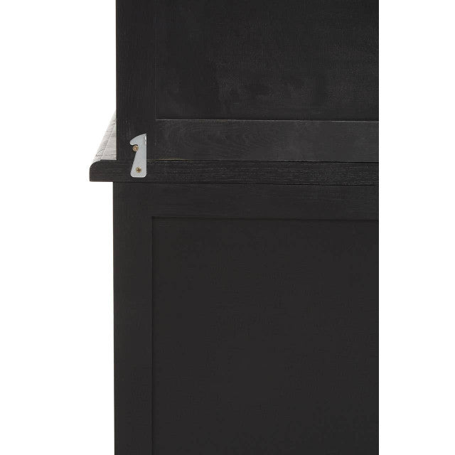 Close-up of the Bastien Four Door Display Cabinet in Black Oak Wood showing the solid side panel, black oak wood grain, cabinet framework and durable furniture construction.
