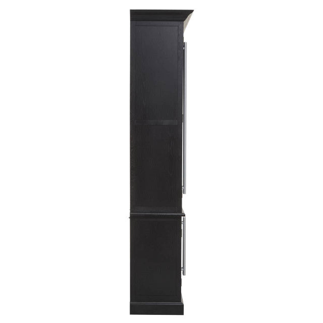 Side profile of the Bastien Four Door Display Cabinet in Black Oak Wood highlighting its slim cabinet depth, solid black oak construction, moulded cornice and premium craftsmanship.