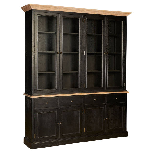 Angled view of the Bastien Four Door Display Cabinet with Drawers in Black Oak Wood highlighting the four glass display doors, natural oak top, spacious shelving, lower cupboards and timeless contemporary cabinet design.