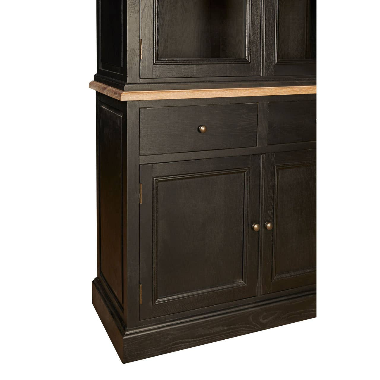 Close-up of the Bastien Four Door Display Cabinet with Drawers in Black Oak Wood highlighting the black oak finish, natural oak top, framed cupboard doors, brass-effect hardware and premium craftsmanship.