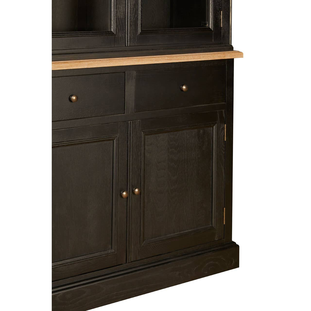 Detailed view of the Bastien Four Door Display Cabinet with Drawers in Black Oak Wood showcasing framed cupboard doors, four storage drawers, brass-effect knobs, black oak wood grain and quality cabinet construction.