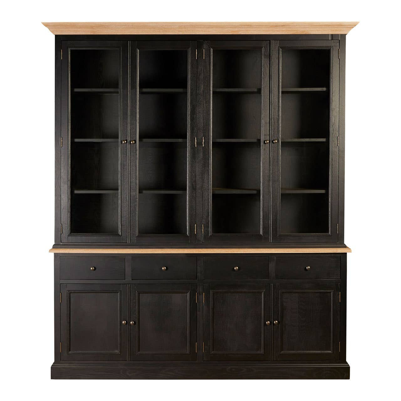 Front view of the Bastien Four Door Display Cabinet with Drawers in Black Oak Wood featuring four glazed display doors, four drawers, four lower cupboard doors, spacious shelving and elegant black oak storage for dining rooms, living rooms and home offices.