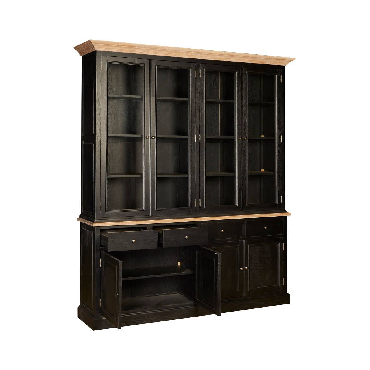 Bastien Four Door Display Cabinet with Drawers in Black Oak Wood featuring open drawers and cupboard doors to showcase generous storage space, adjustable shelving and practical organisation for modern interiors.