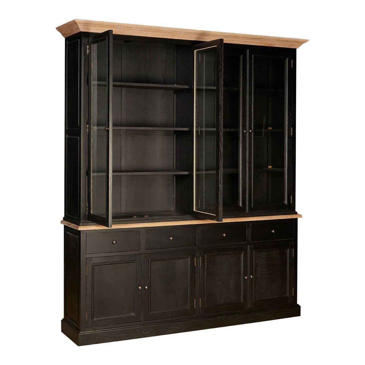 Bastien Four Door Display Cabinet with Drawers in Black Oak Wood with glass display doors open, revealing spacious interior shelving ideal for displaying dinnerware, glassware, books and decorative accessories.