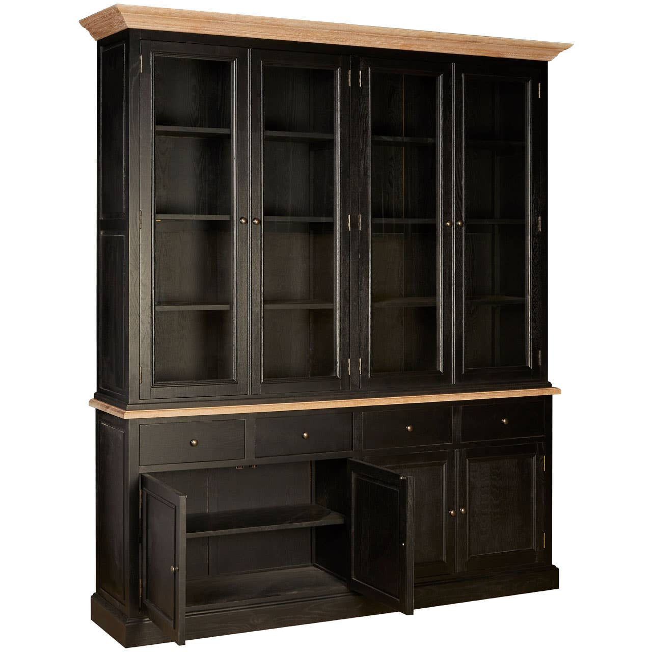 Bastien Four Door Display Cabinet with Drawers in Black Oak Wood with lower cupboard doors open, showcasing generous concealed shelving, four storage drawers, glazed display cabinet doors and versatile home storage.