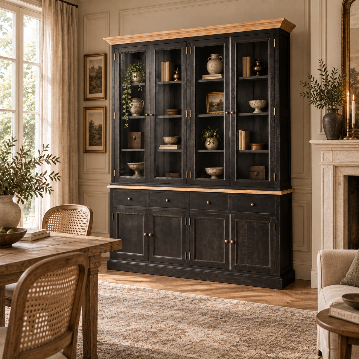 Large black oak display cabinet with glazed doors and drawers in a French dining room with fireplace, window and oak table.