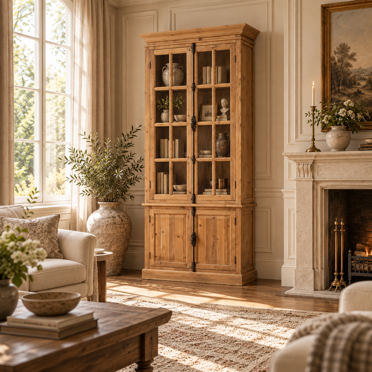 Beaumont pine wood display cabinet with glass doors and lower cupboards beside a stone fireplace in a bright classic room.